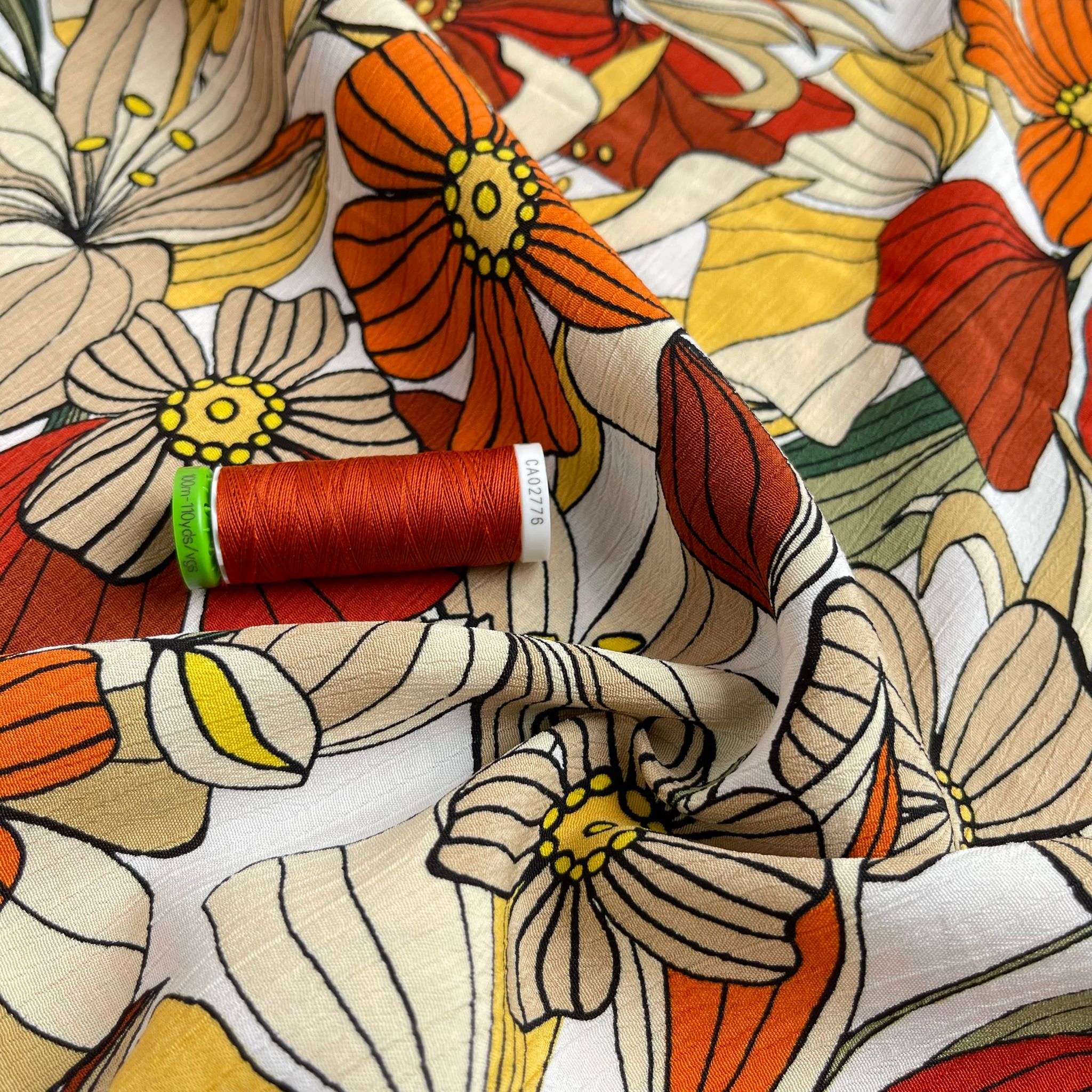 Autumn Flowers Crinkle Viscose Poplin Fabric