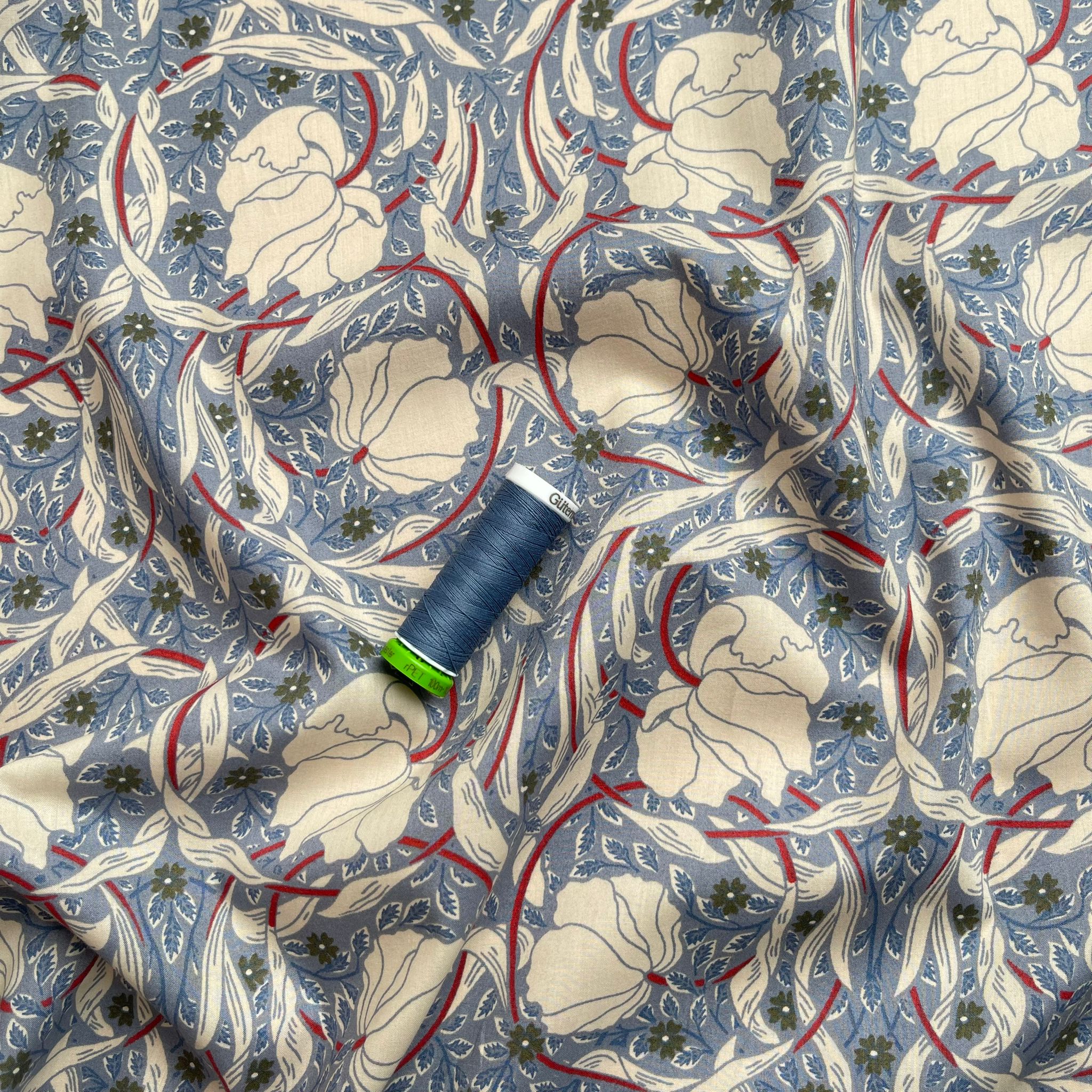 Entwined Flowers Dusky Blue Cotton Lawn Fabric