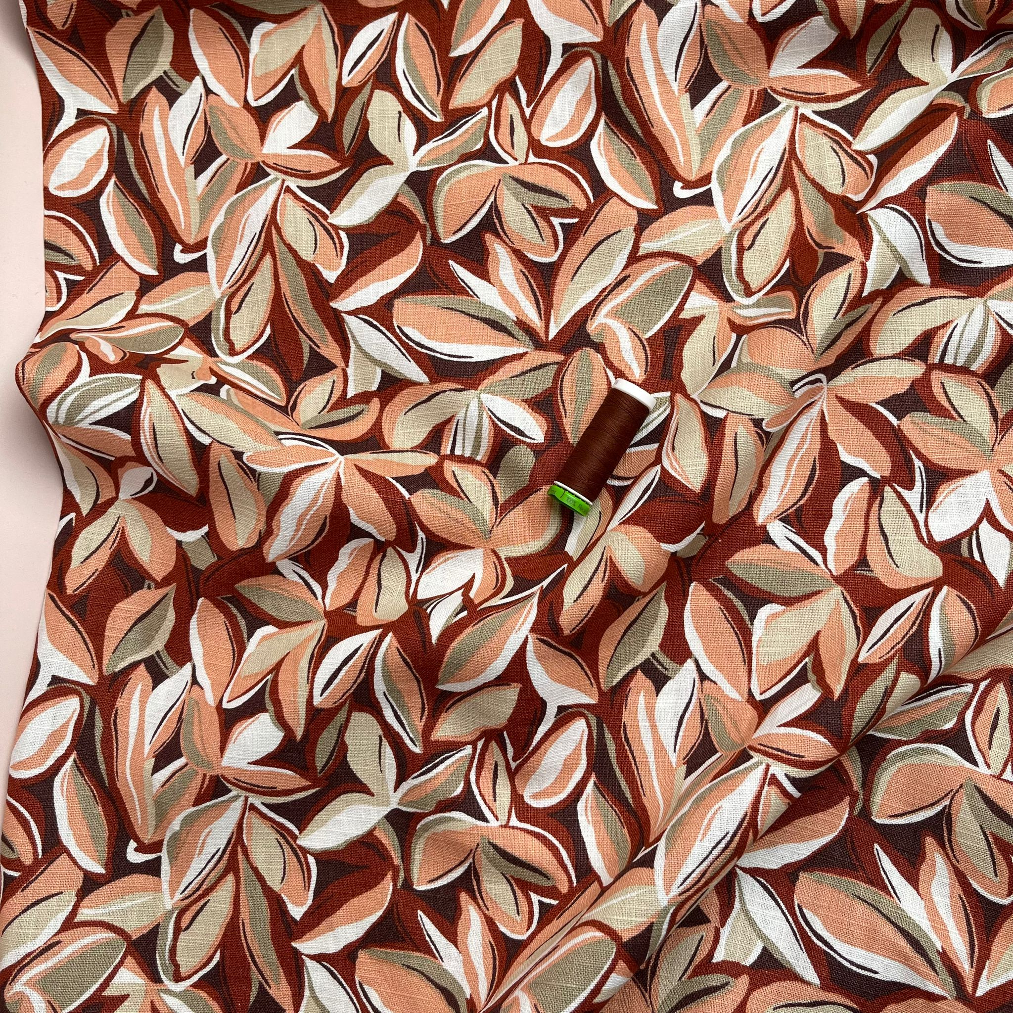 Leaves Enzyme Washed Pure Linen Fabric in Rust