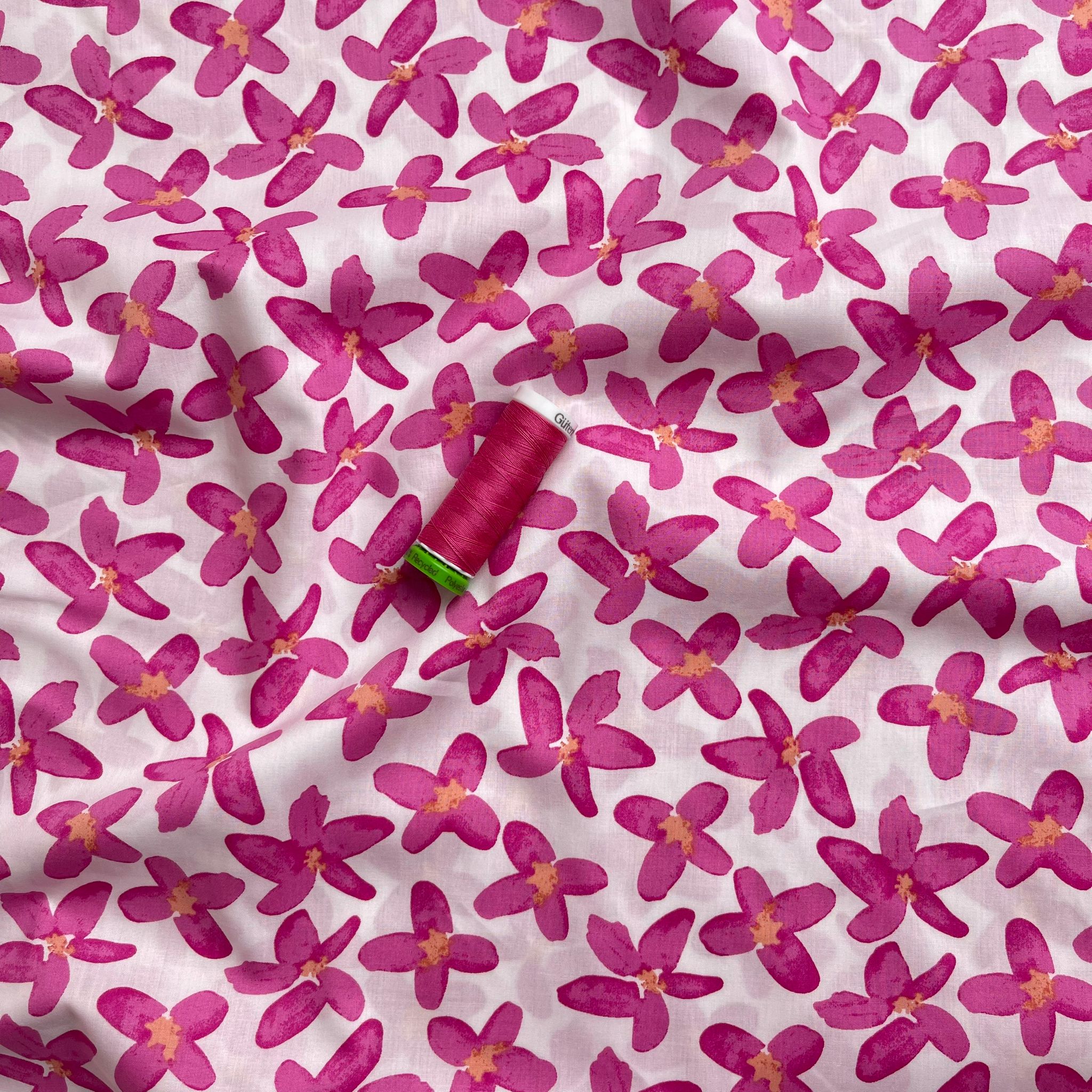 Painted Pink Flowers on White Cotton Lawn Fabric