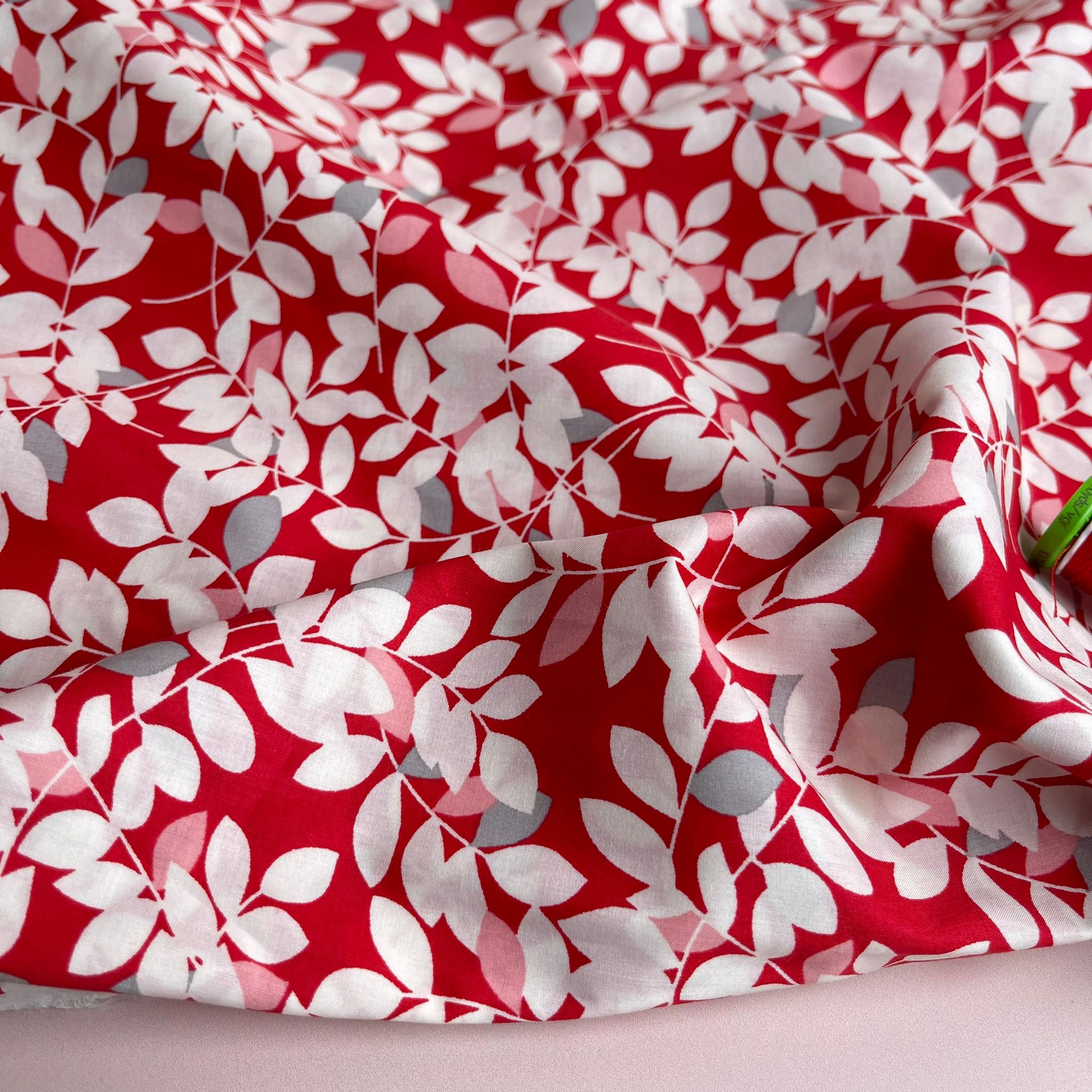 White Foliage on Red Cotton Lawn Fabric
