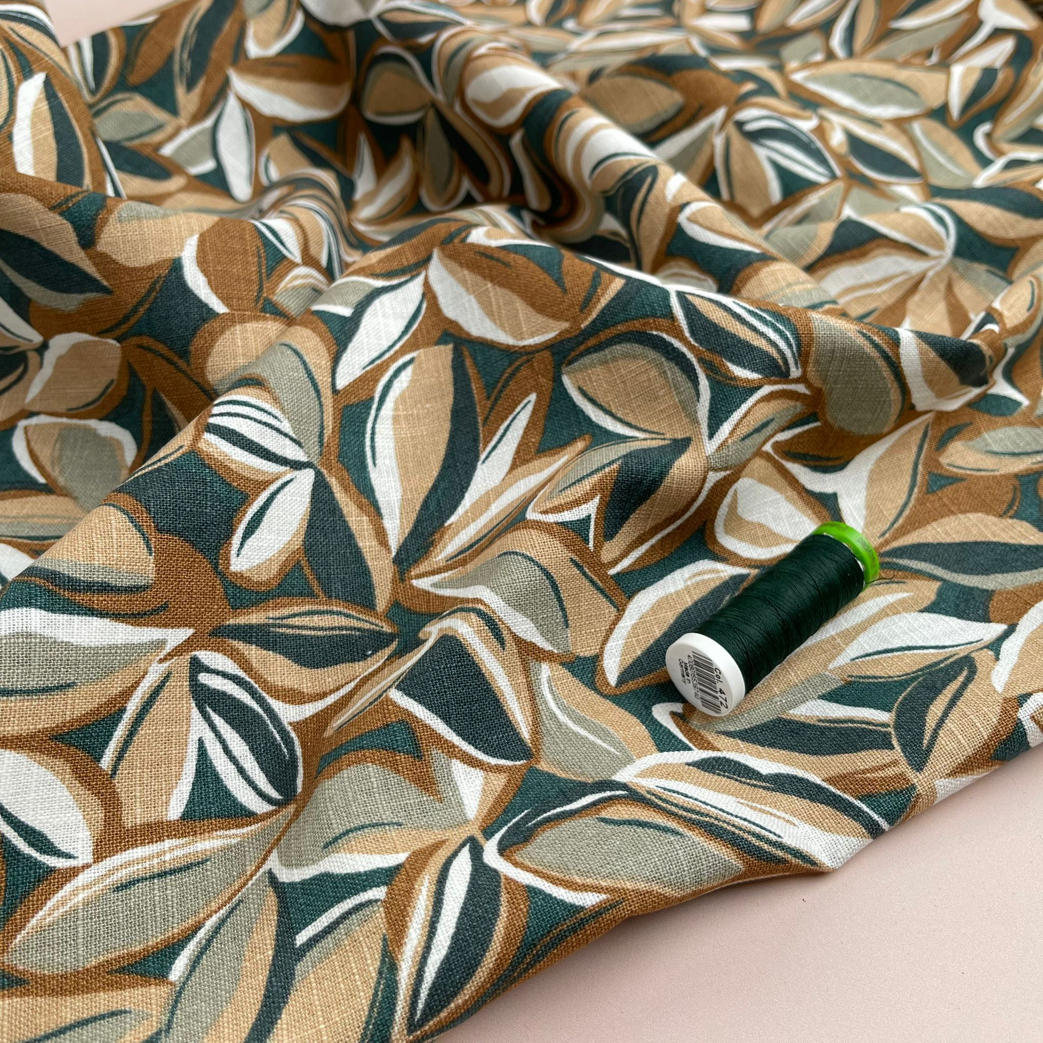 REMNANT 0.26 Metre - Leaves Enzyme Washed Pure Linen Fabric in Green