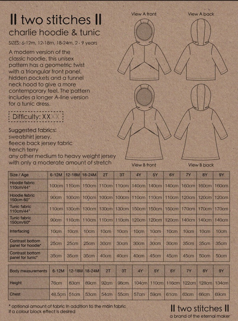Two Stitches - Charlie Hoodie and Tunic Sewing Pattern 6 months - 9 years