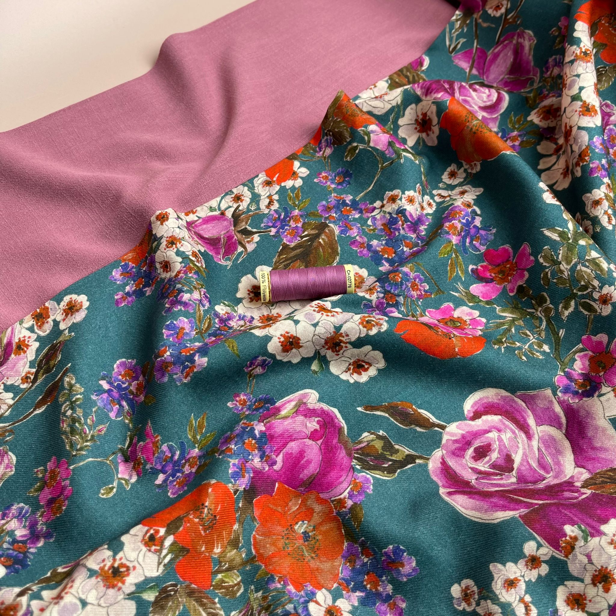REMNANT 1.68 Metres - Blossoms on Teal Modal Blend Twill Dress Fabric