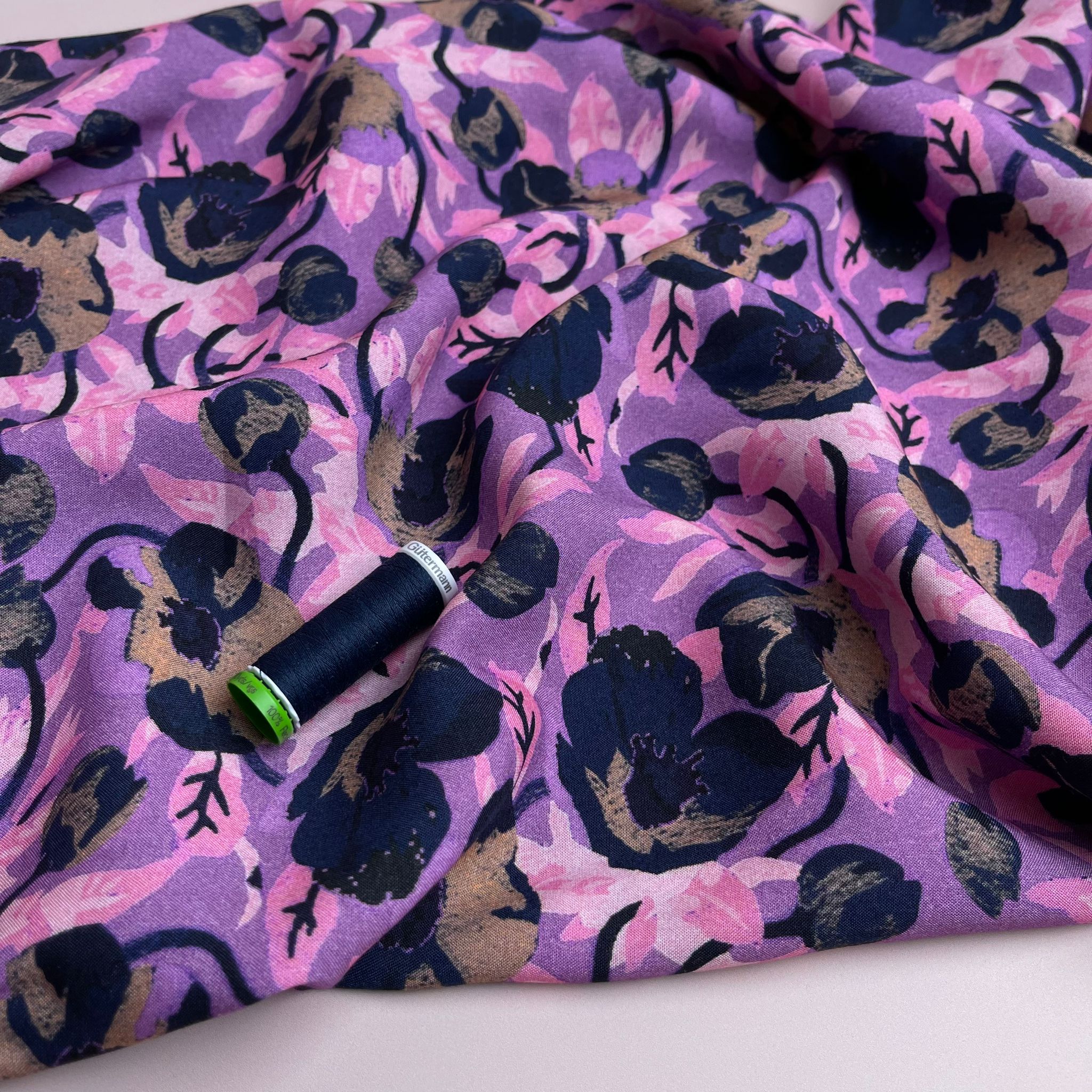 Navy Poppy on Lilac Viscose Fabric