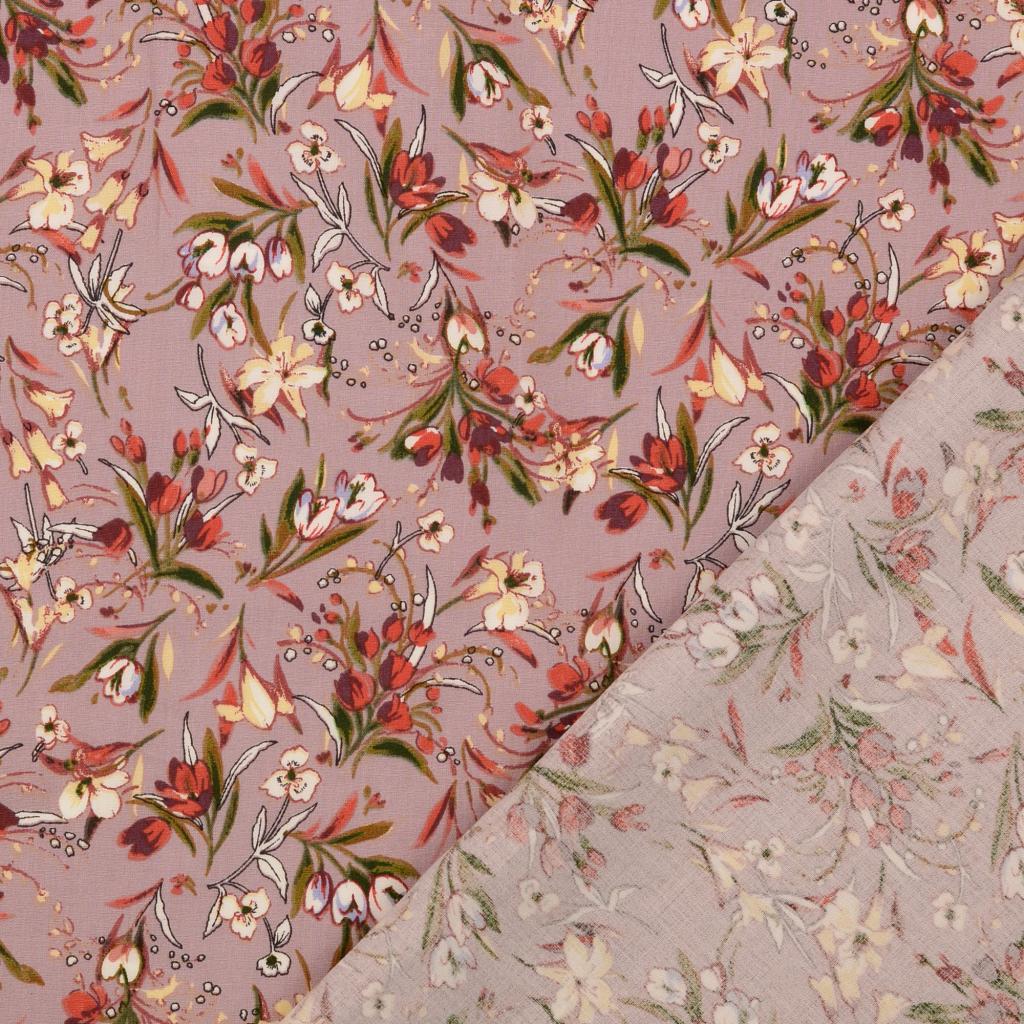 REMNANT 2.14 Metres - Floral Bouquet Mauve Stretch Viscose Poplin Fabric