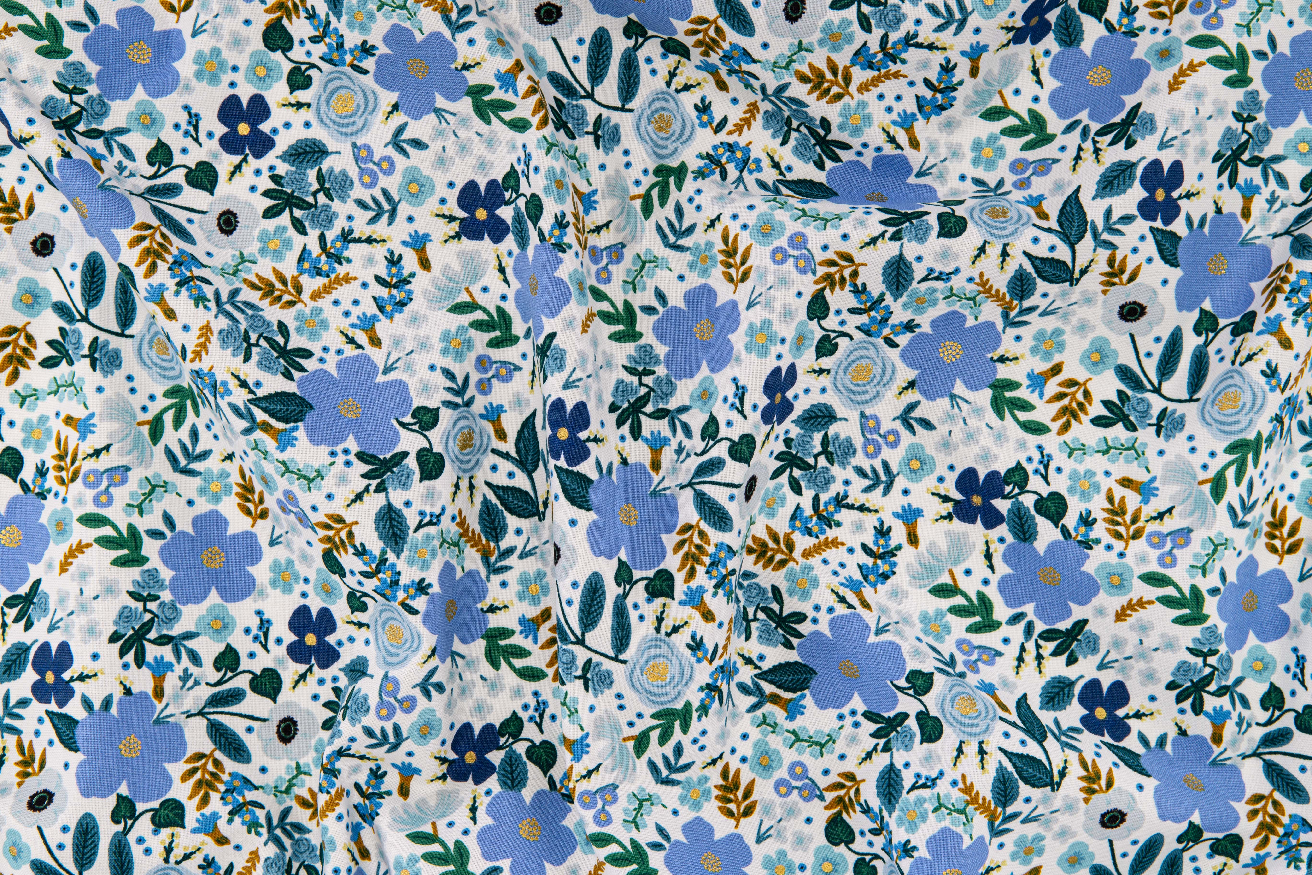 Rifle Paper Co - Garden Party Blue Wild Rose Metallic Cotton Fabric