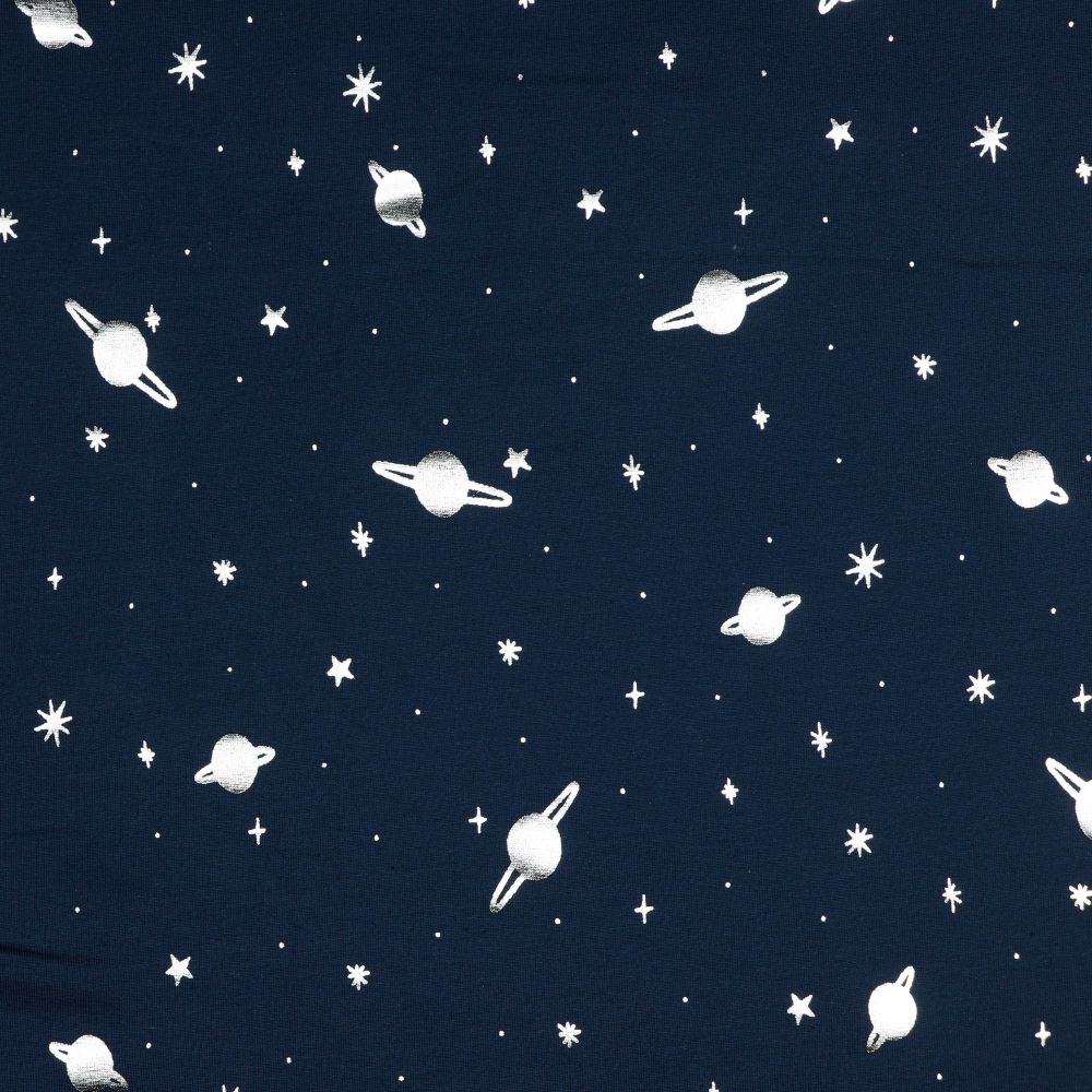 Silver Planets on Navy Cotton Jersey Fabric