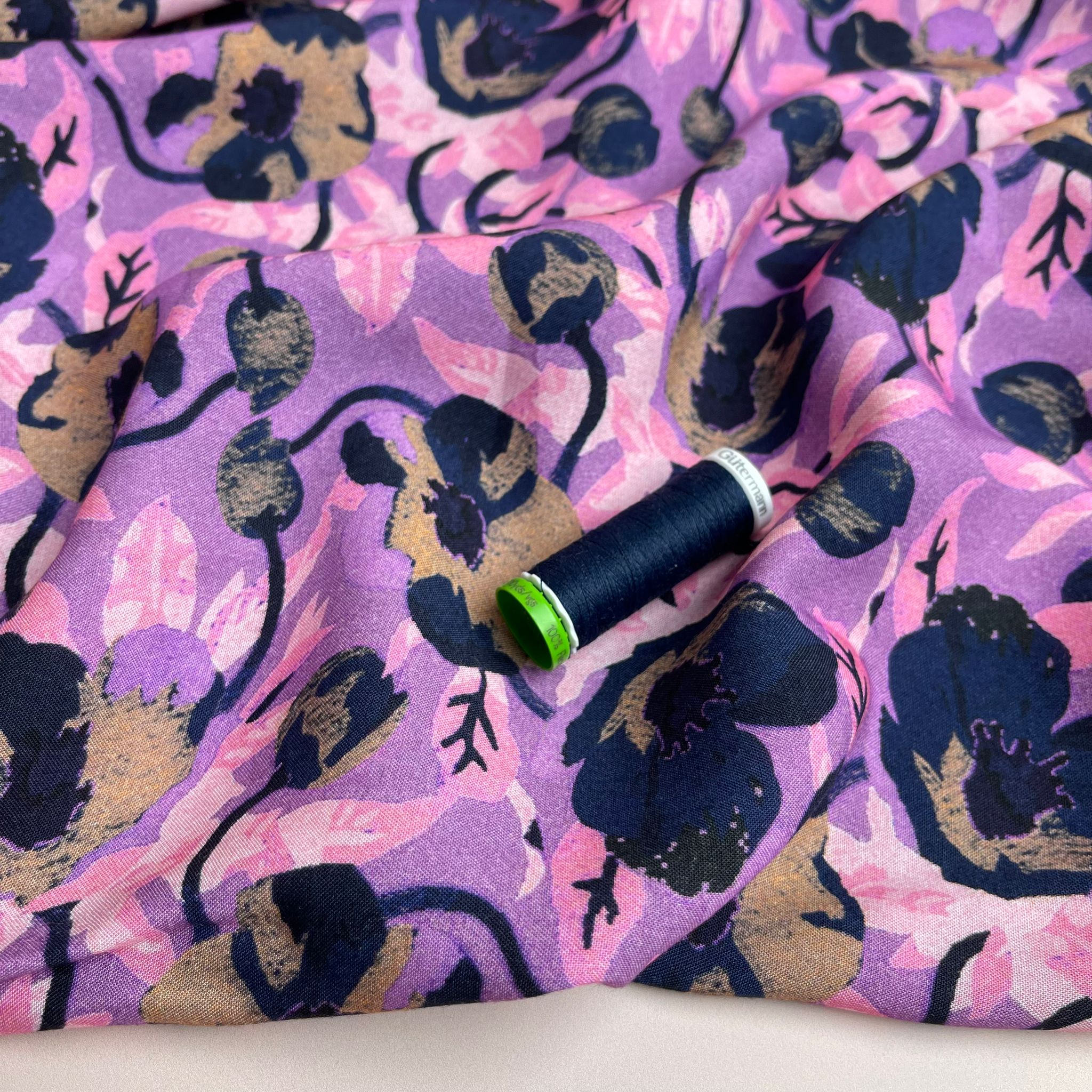 Navy Poppy on Lilac Viscose Fabric