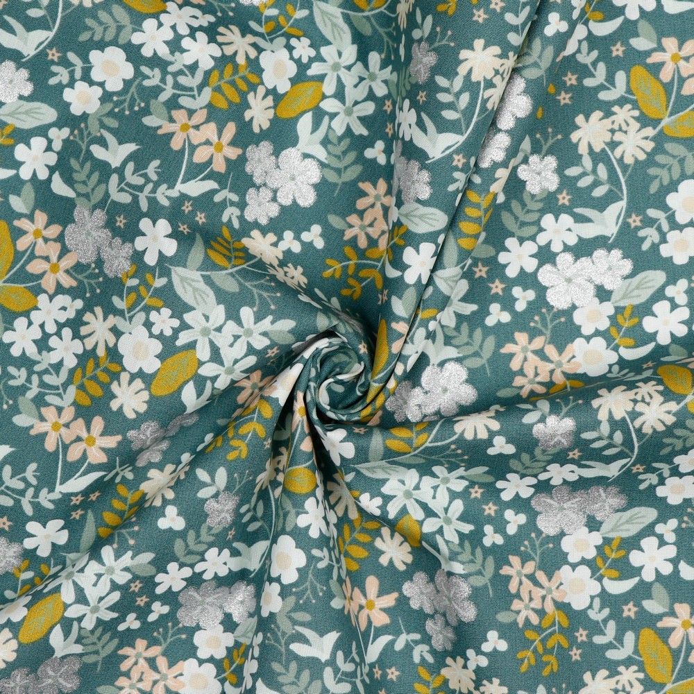 Glitter Flowers Sage Green Cotton Poplin Fabric Lamazi Fabrics