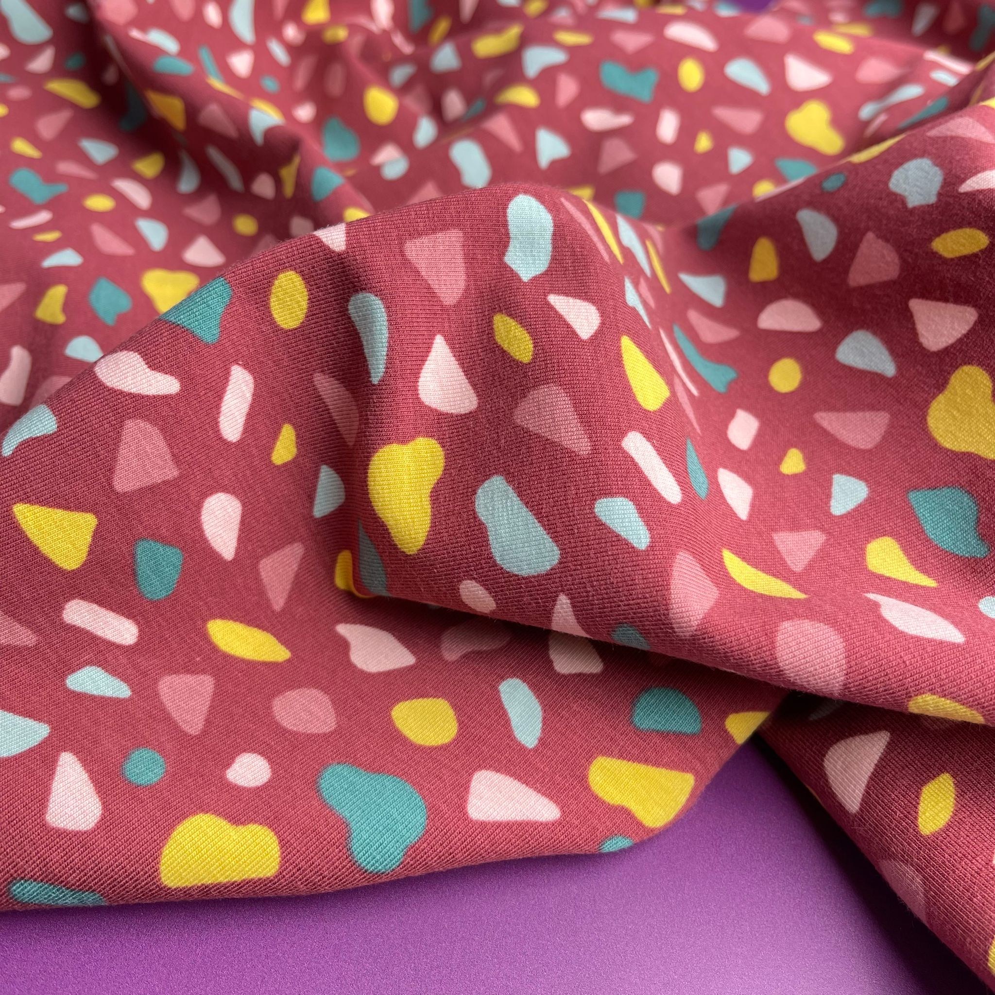 Joyful Terrazzo Red GOTS Organic Cotton Jersey Fabric