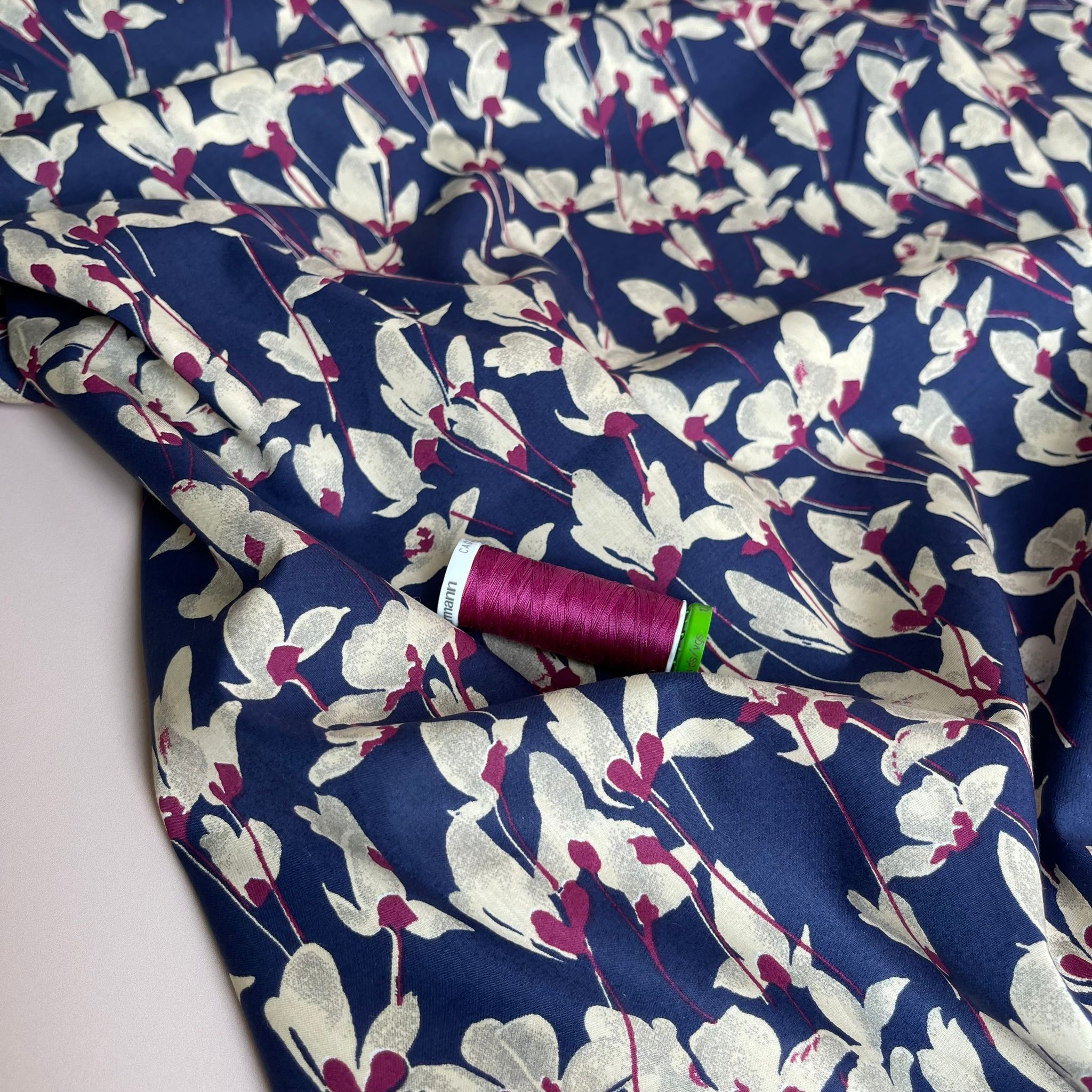 Fuchsia Petals on Navy Cotton Lawn Fabric