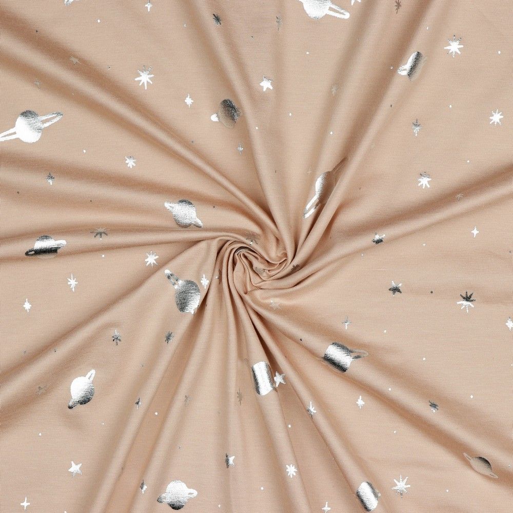 Silver Planets on Rose Cotton Jersey Fabric