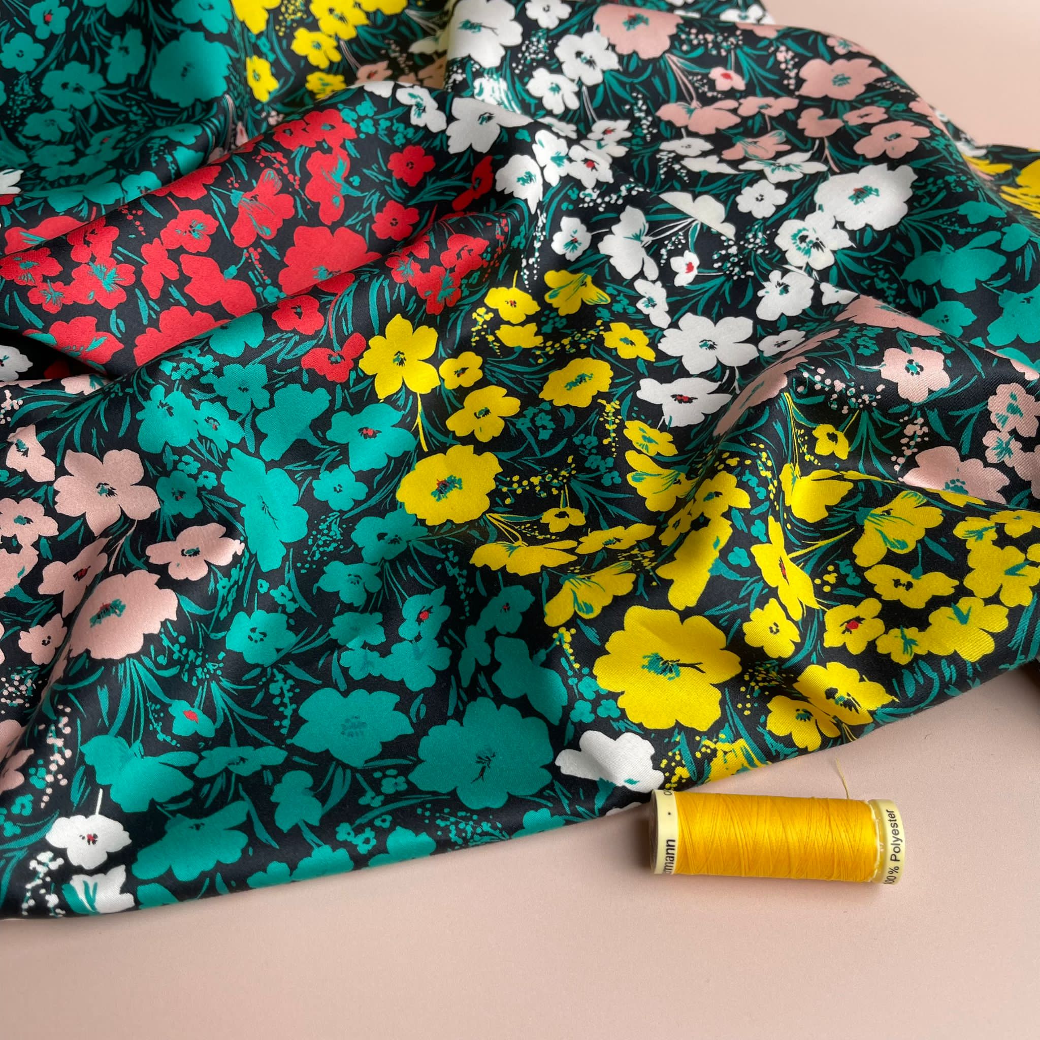 REMNANT 2.67 Metres - Meadow Flowers on Black Cotton Sateen Fabric
