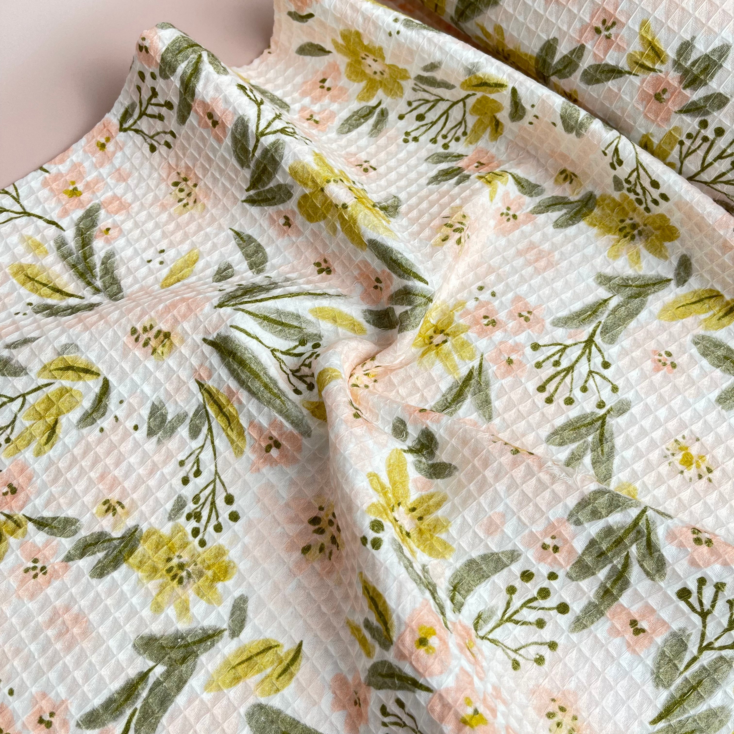 REMNANT 0.36 Metre - White Floral Pure Cotton Waffle Fabric