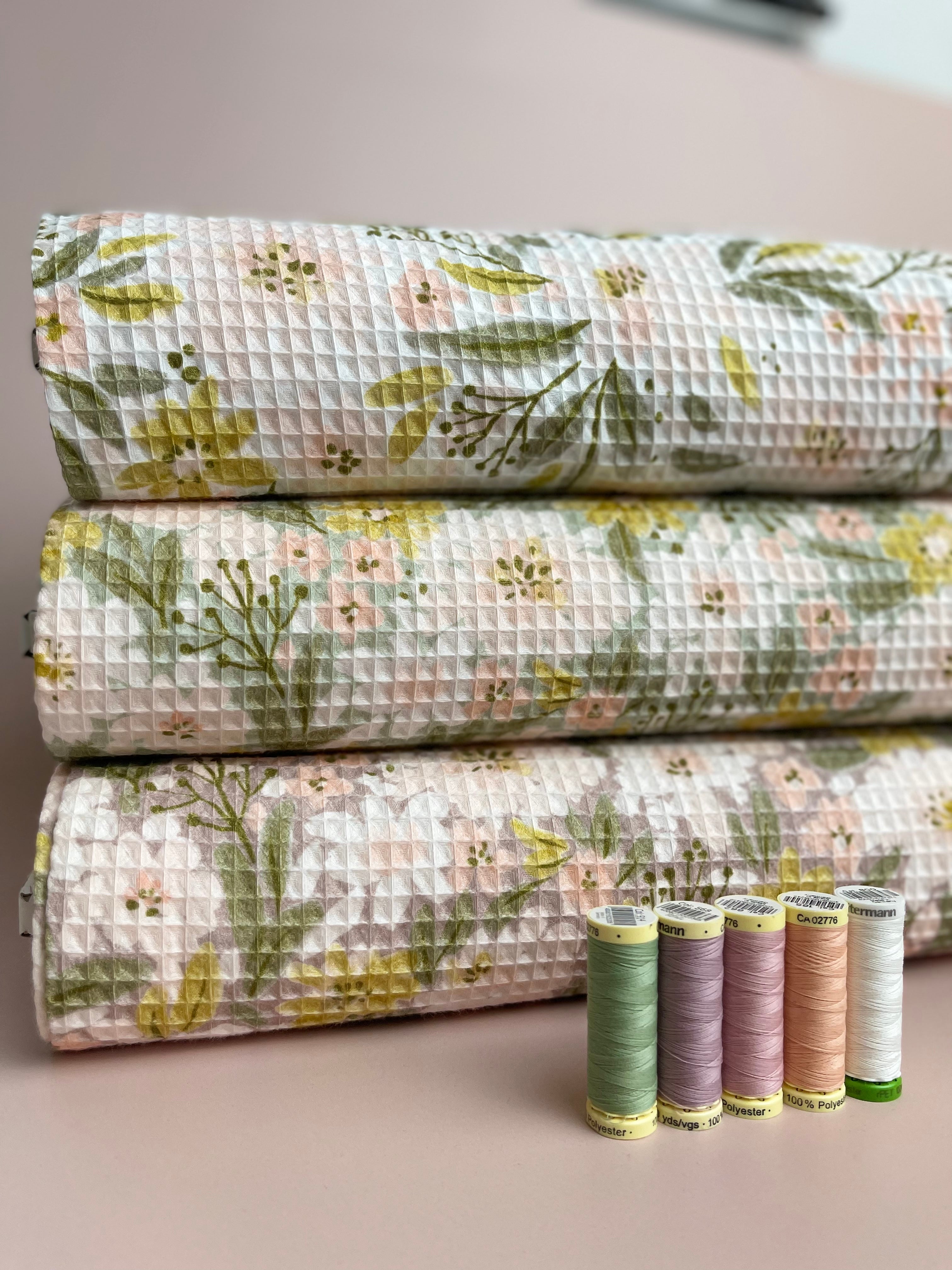 REMNANT 0.36 Metre - White Floral Pure Cotton Waffle Fabric