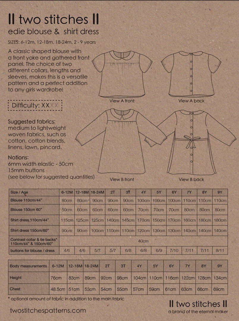 Two Stitches - Edie Blouse and Dress Sewing Pattern 6 months - 9 years
