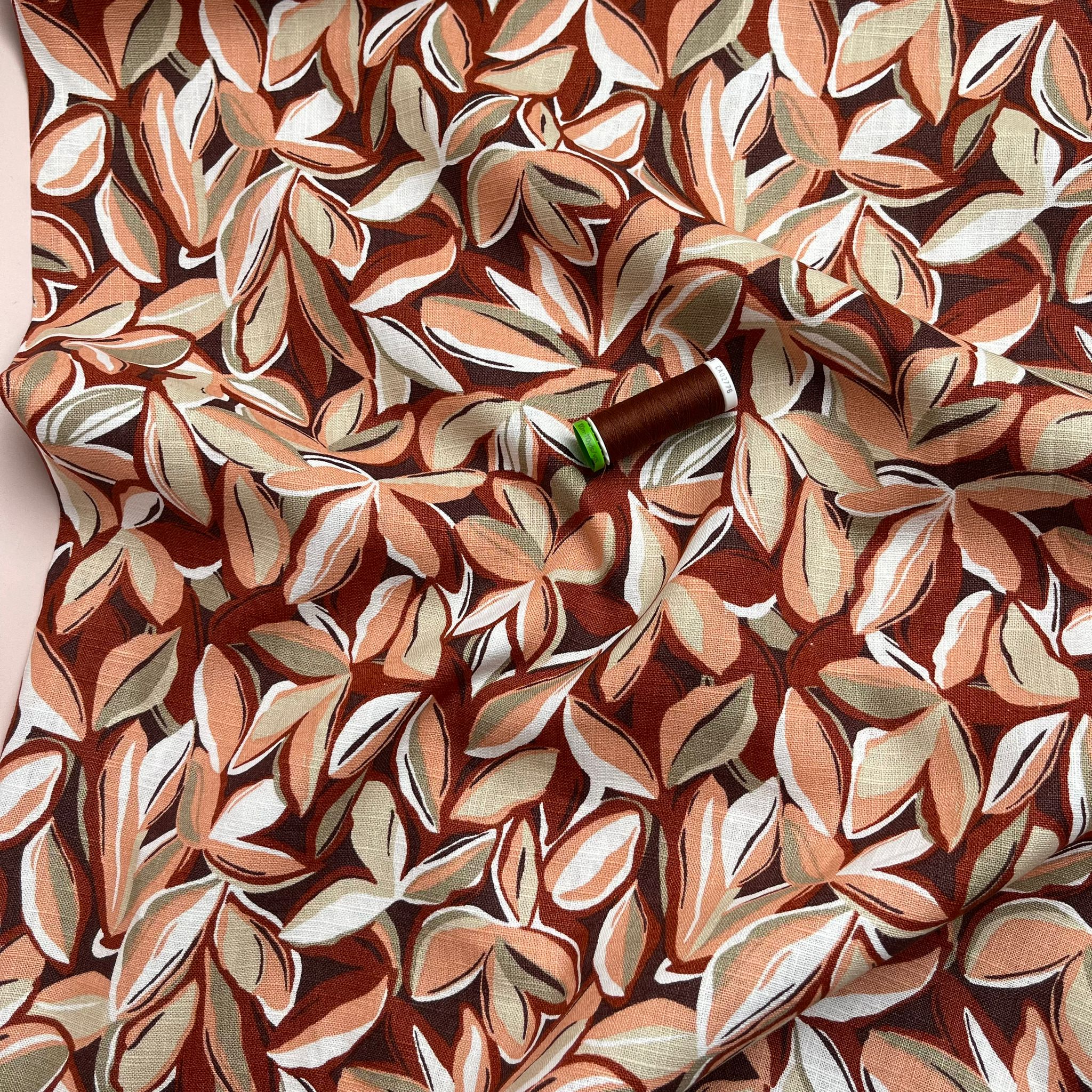 Leaves Enzyme Washed Pure Linen Fabric in Rust