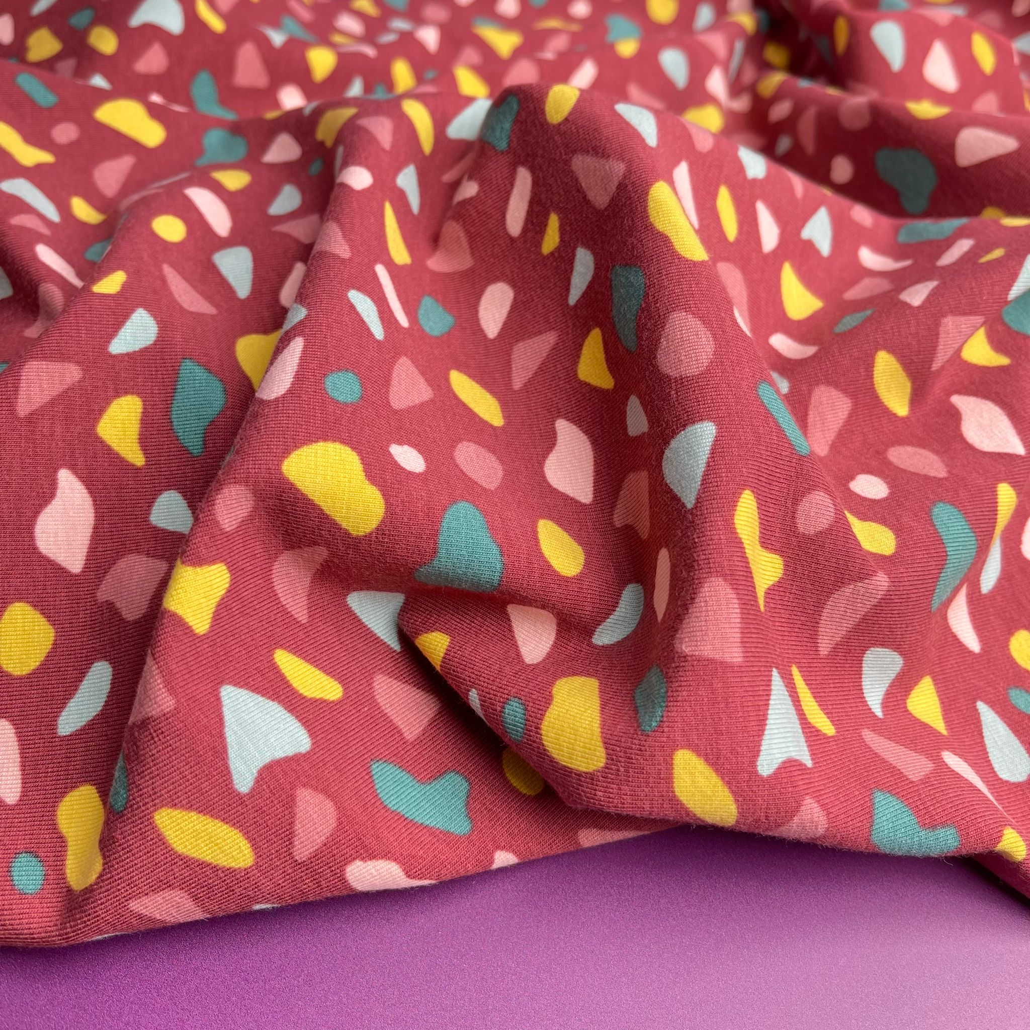 Joyful Terrazzo Red GOTS Organic Cotton Jersey Fabric