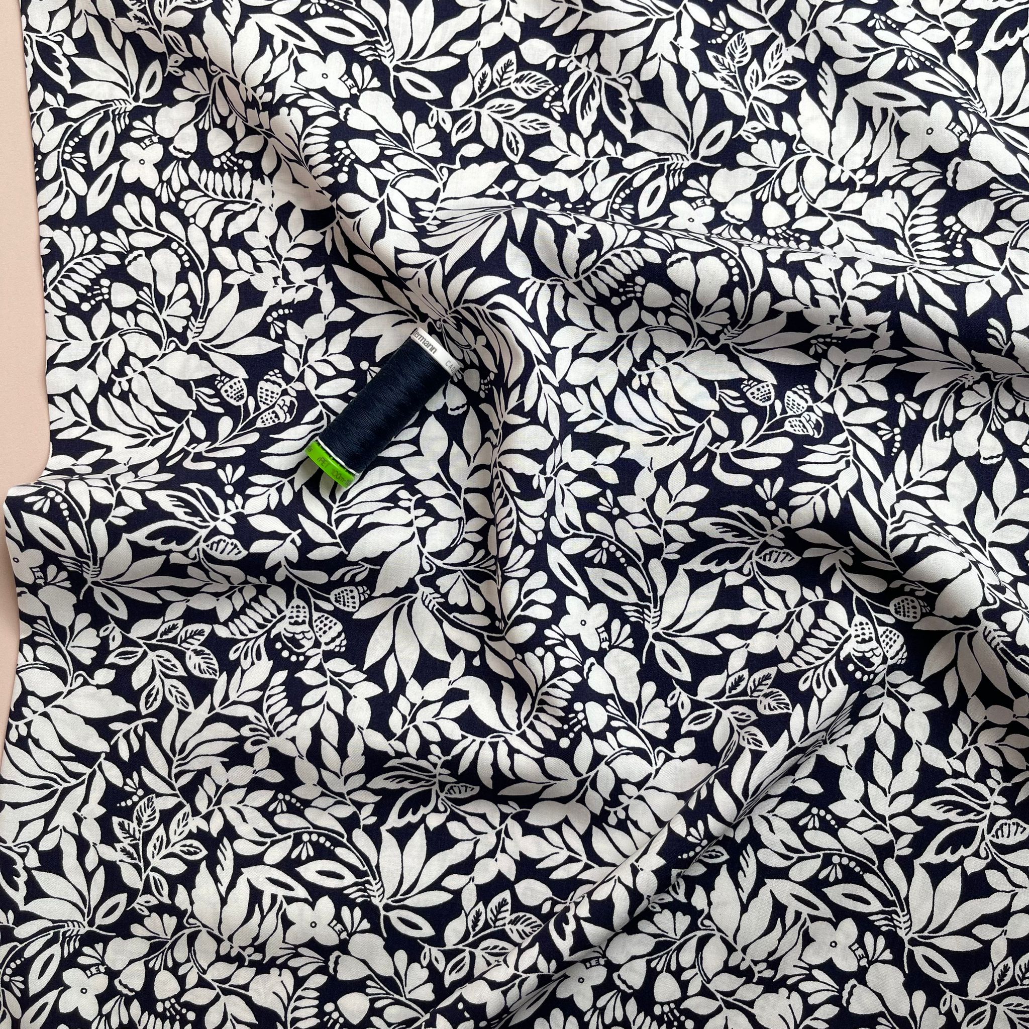 Foliage Dark Navy Viscose Poplin Fabric