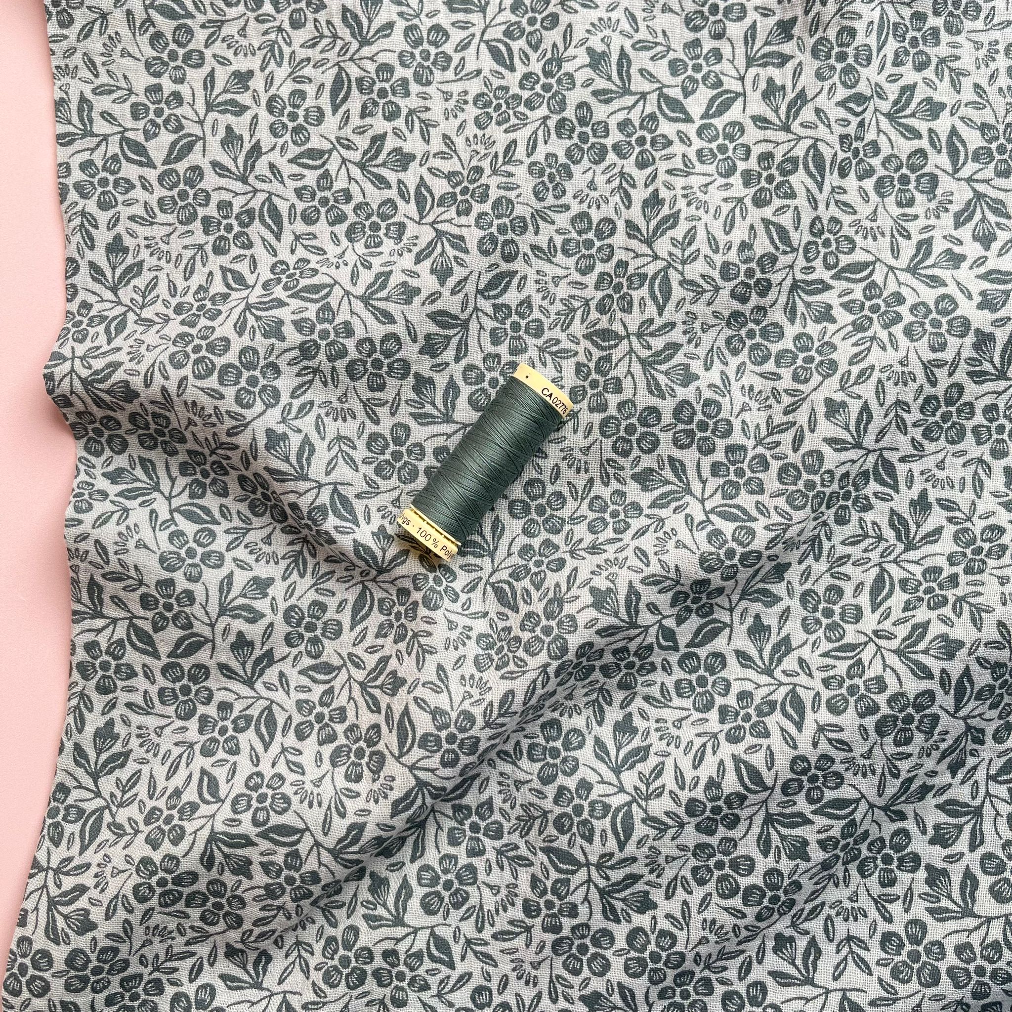 REMNANT 2.15 Metres - Sweet Small Flowers Green Cotton Double Gauze