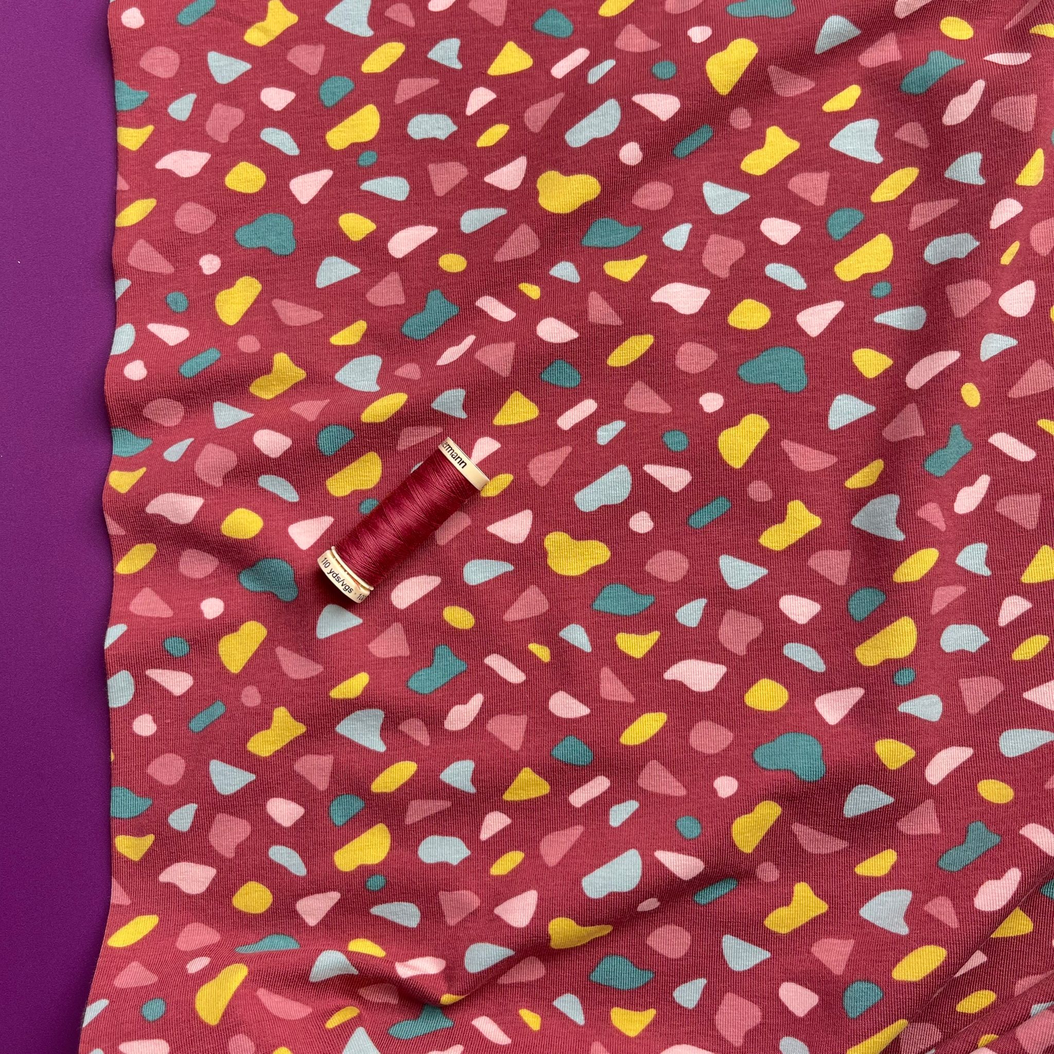 Joyful Terrazzo Red GOTS Organic Cotton Jersey Fabric