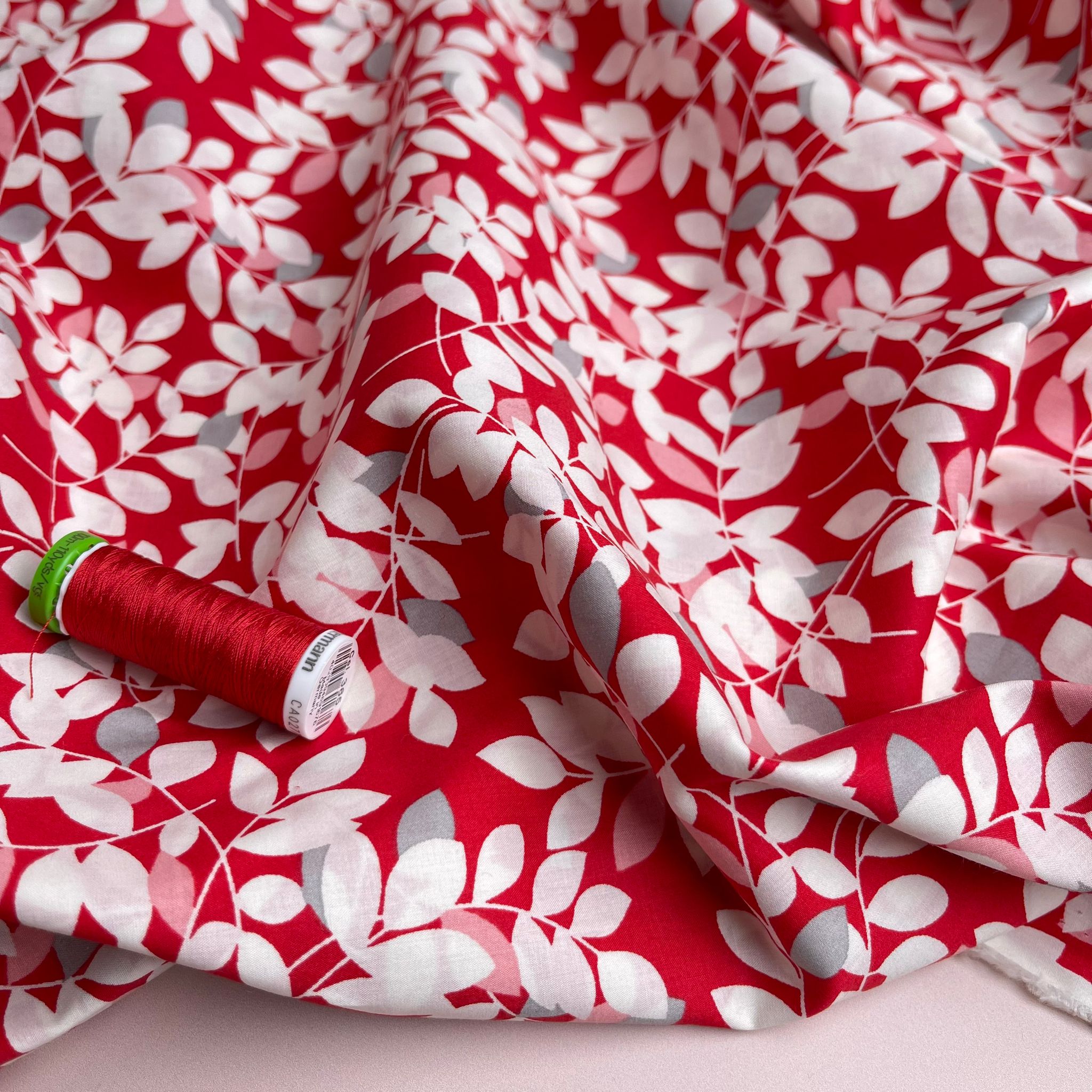 White Foliage on Red Cotton Lawn Fabric