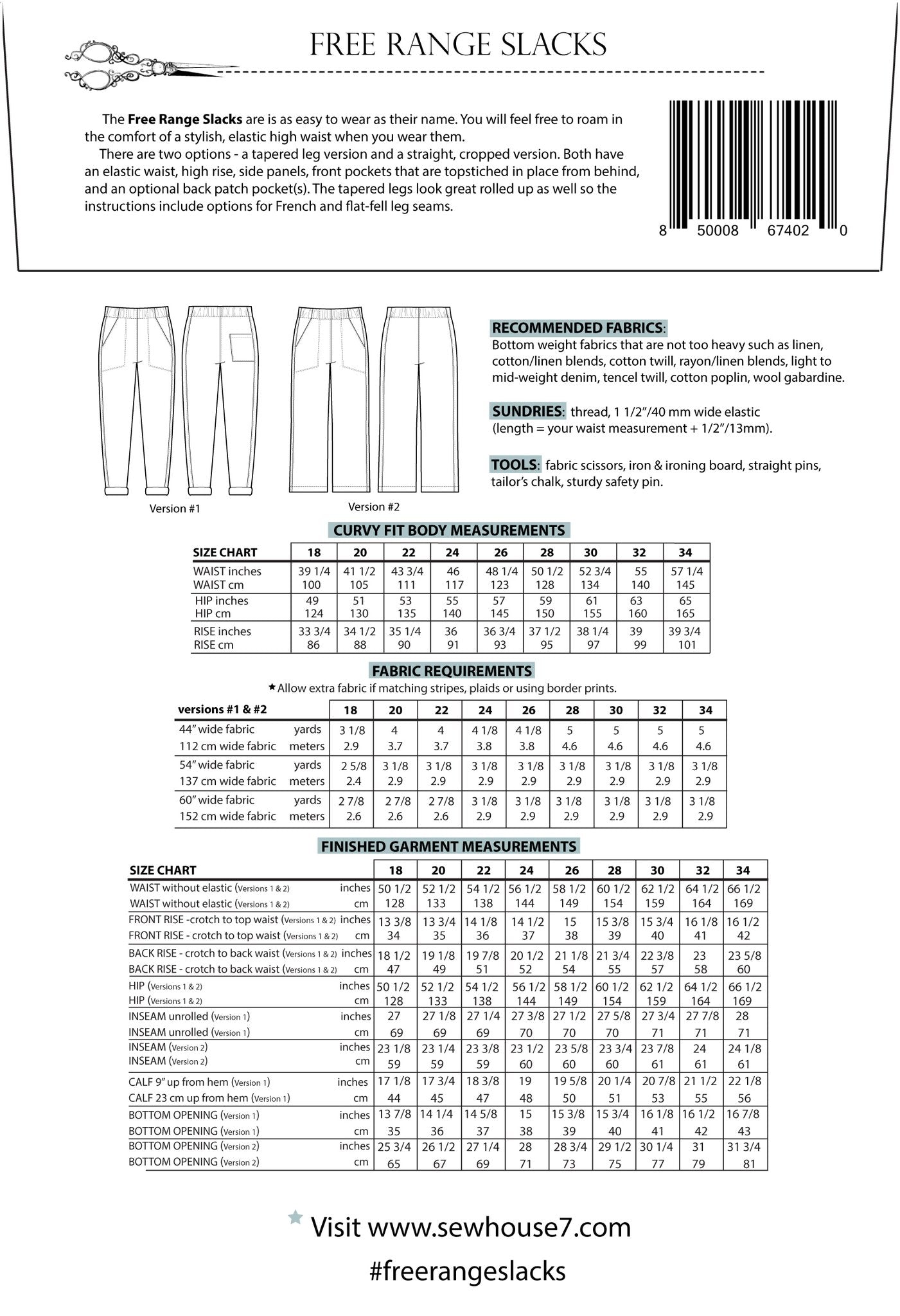 Sew House Seven - Free Range Slacks 18-34 Sewing Pattern (curvey)