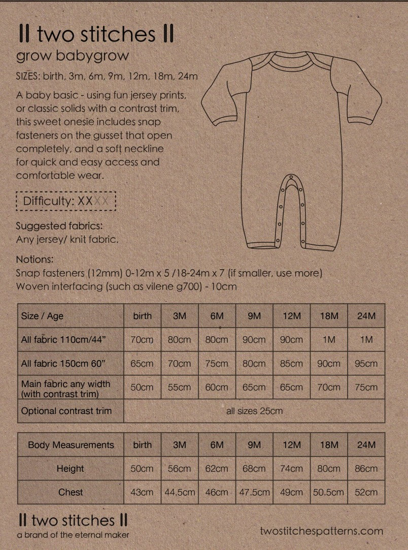 Two Stitches -Babygrow Sewing Pattern birth - 24 months