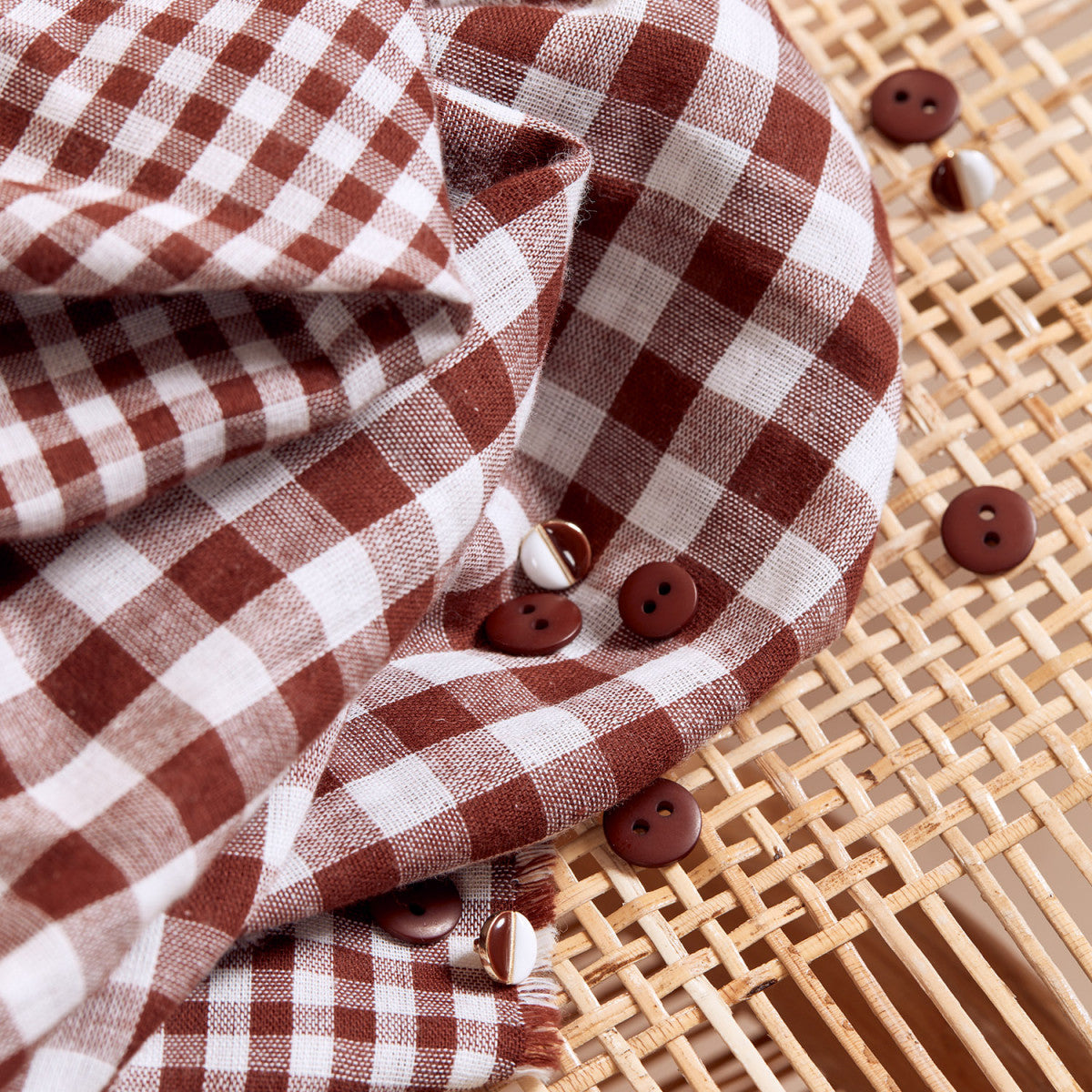 REMNANT 1.37 Metres - Atelier Brunette - Gingham Rust Off-White Cotton Double Gauze