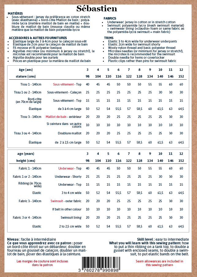 Ikatee -  Sebastien Underwear/ Swimsuit boys 3-12y - Paper Sewing Pattern