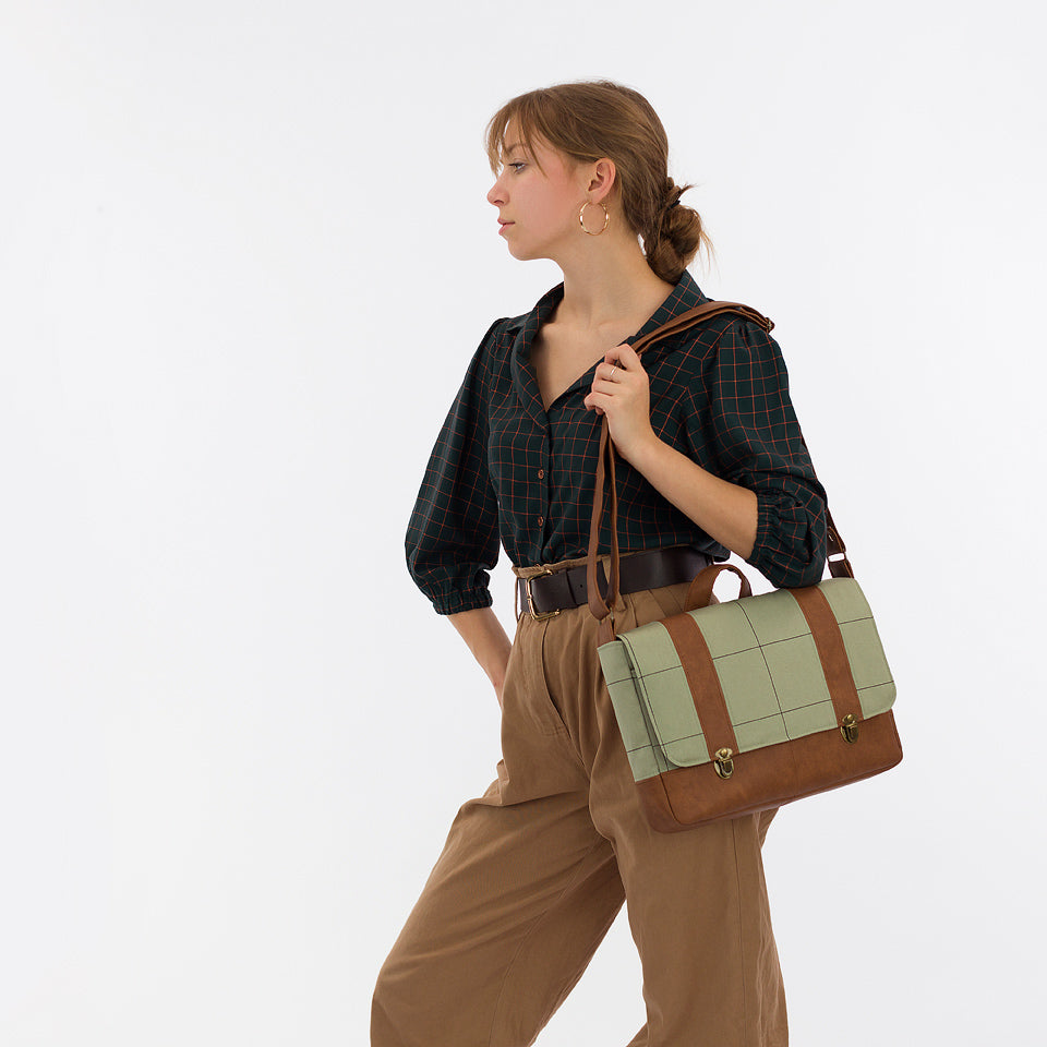 See You At Six - Thin Grid XL Tea Green Cotton Canvas Gabardine Twill