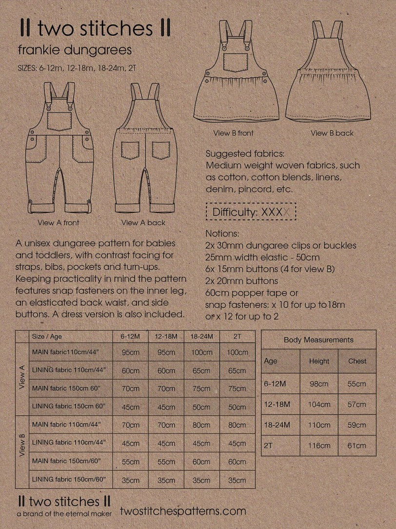 Two Stitches - Frankie Dungarees or Dress Sewing Pattern 6 months - 2 years