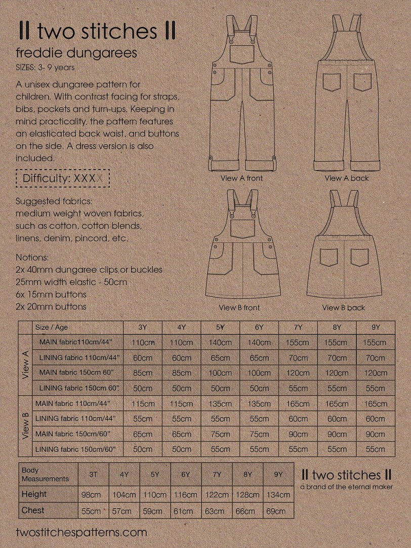 Two Stitches - Freddie Dungarees or Dress Sewing Pattern 3-9 years