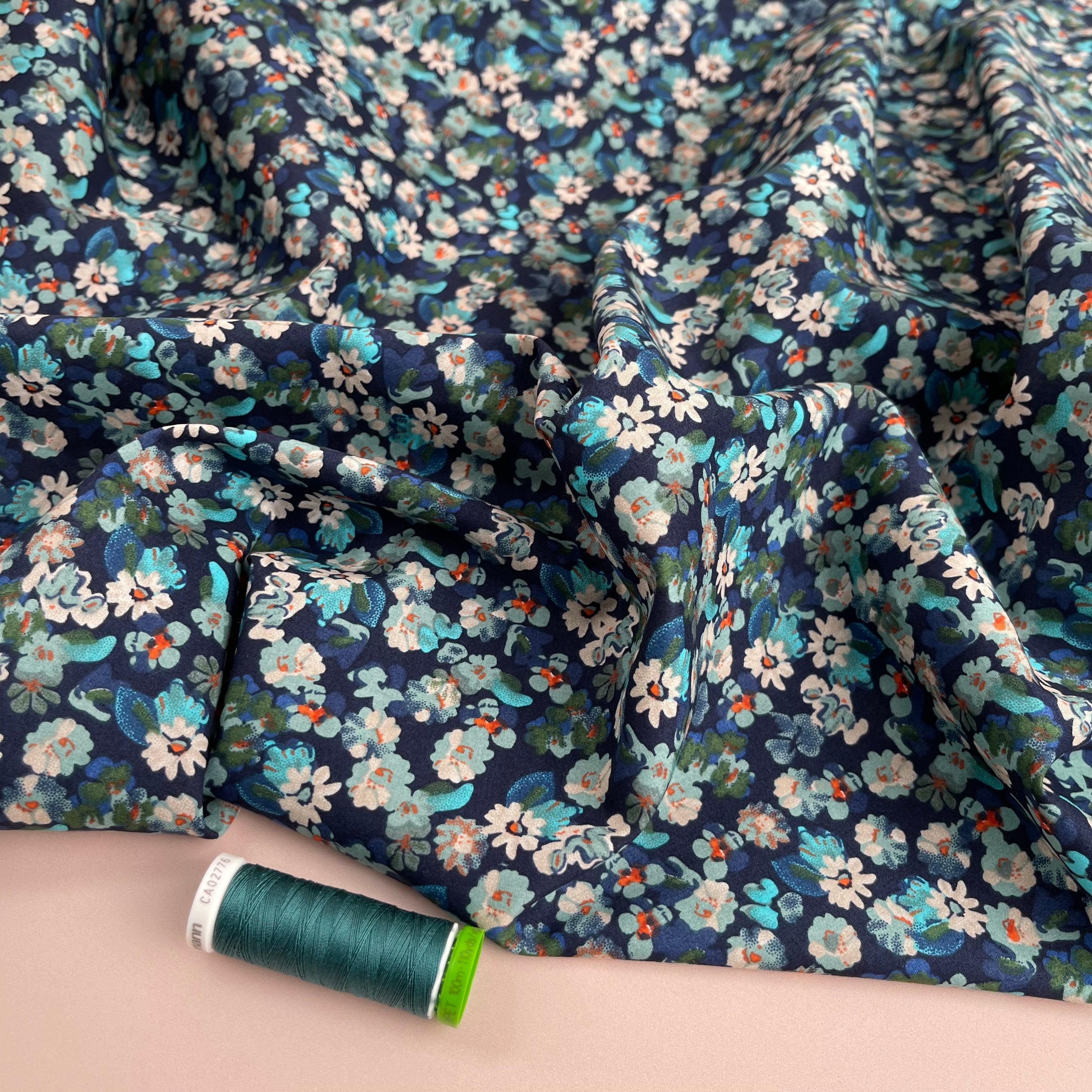 Meadow Blue on Navy Cotton Lawn Fabric