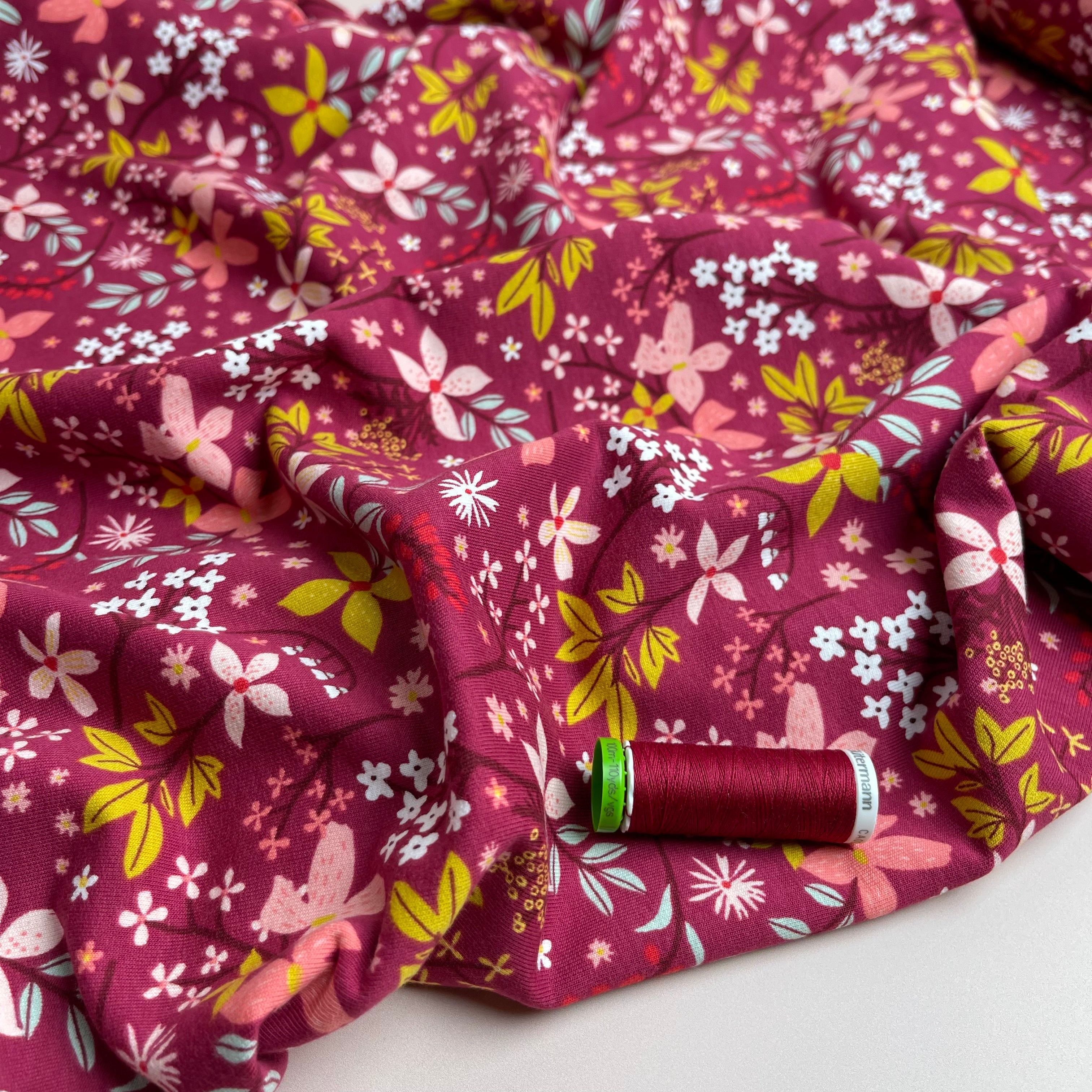Flowers in Berry Cotton French Terry Fabric