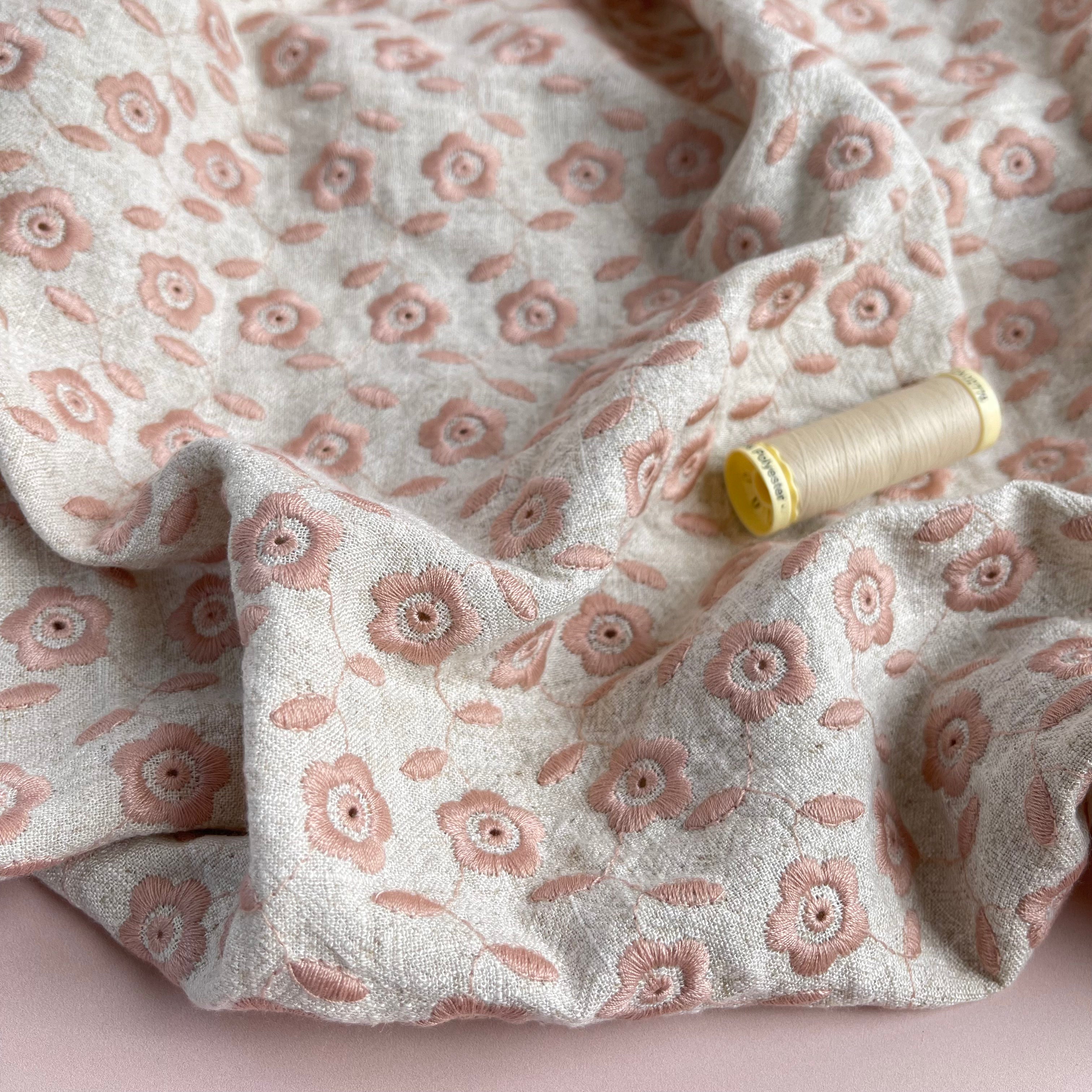 Daisy Chain Embroidered Linen Viscose Blend Fabric Pale Pink