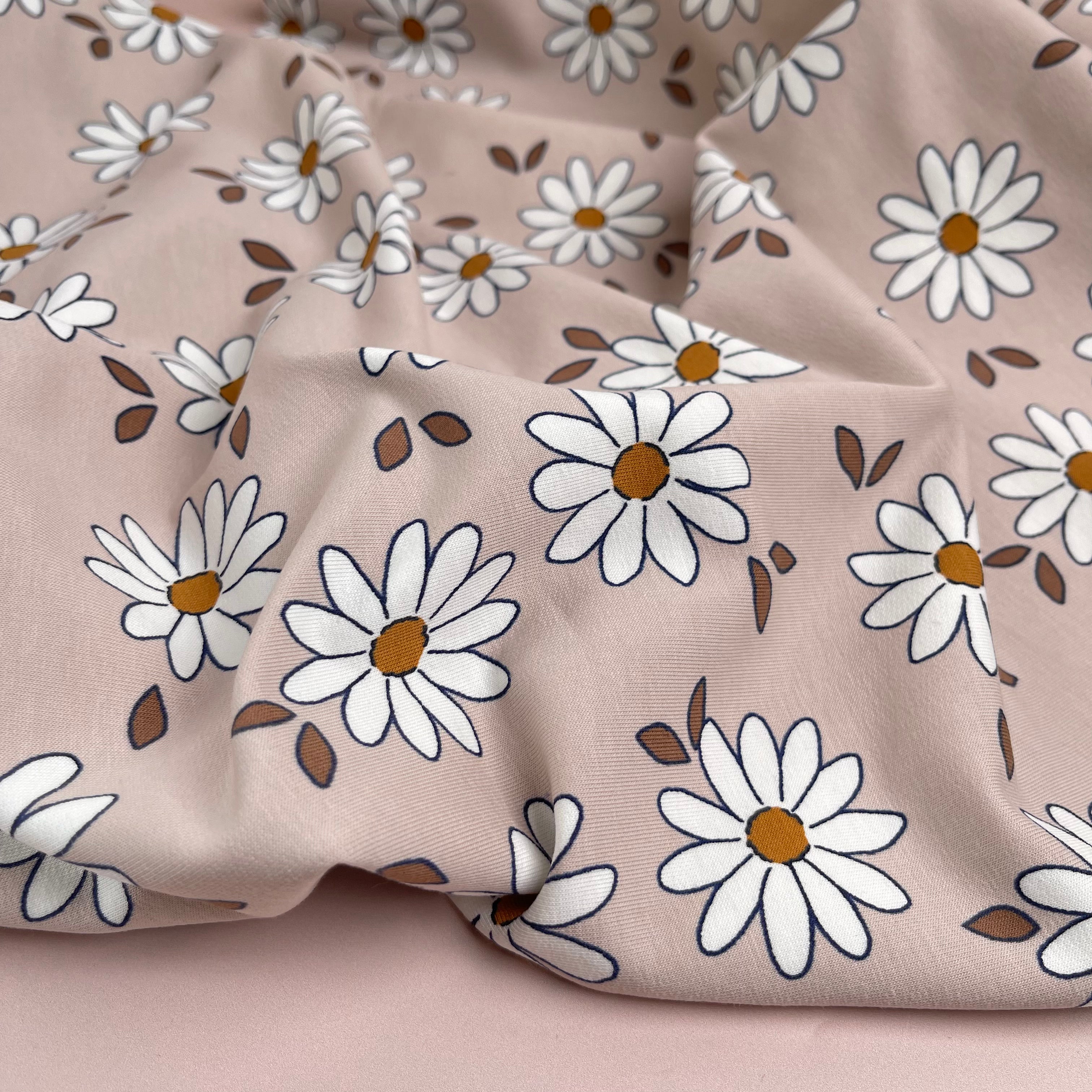 Daisies on Sandy Blush Cotton French Terry Fabric