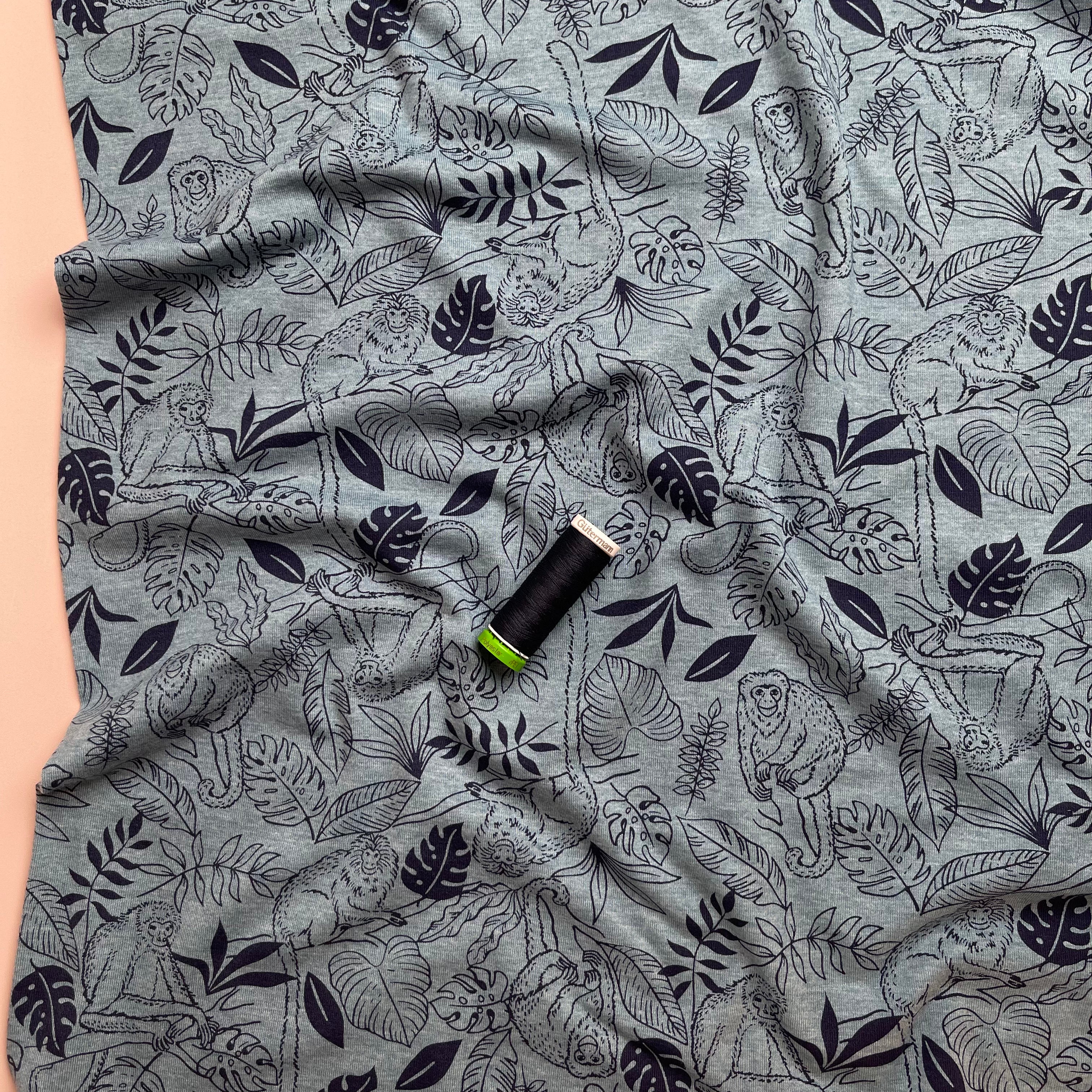 REMNANT 0.75 Metre - Jungle in Blue Melange Cotton Jersey Fabric