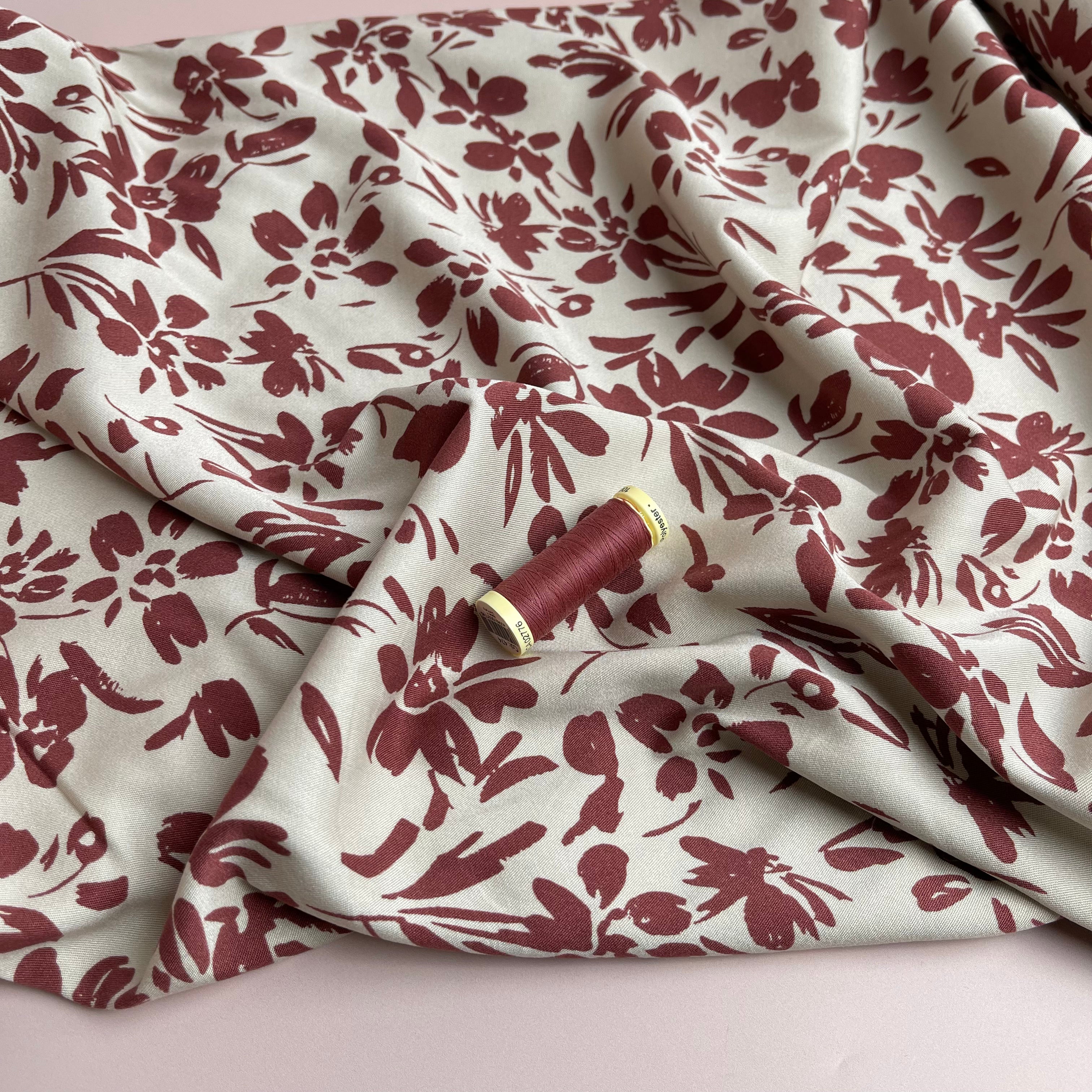 Rosella Rosewood Flowers on Beige Stretch Viscose Twill Fabric