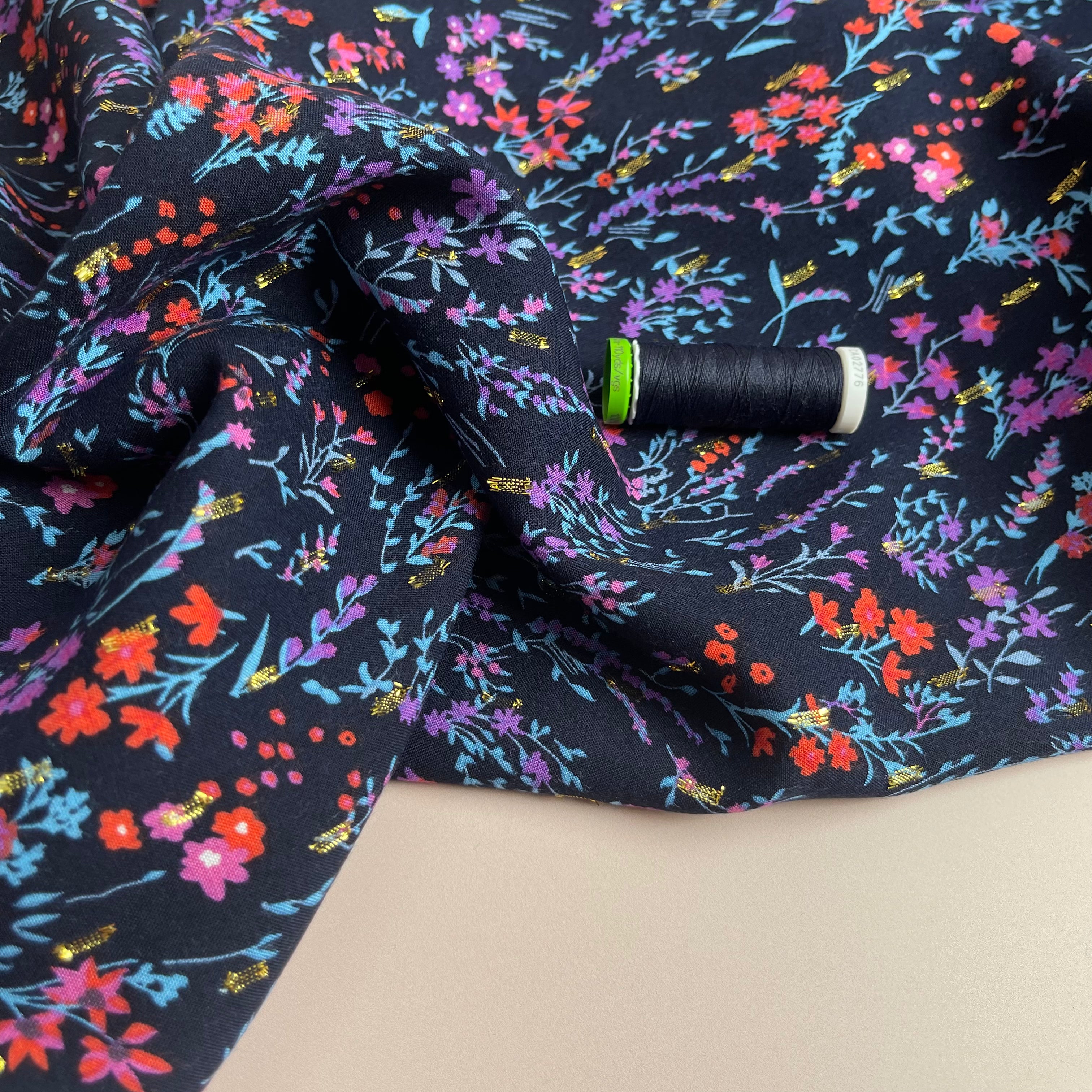 REMNANT 0.53 Metre - Meadow Dark Navy with Lurex Viscose Fabric