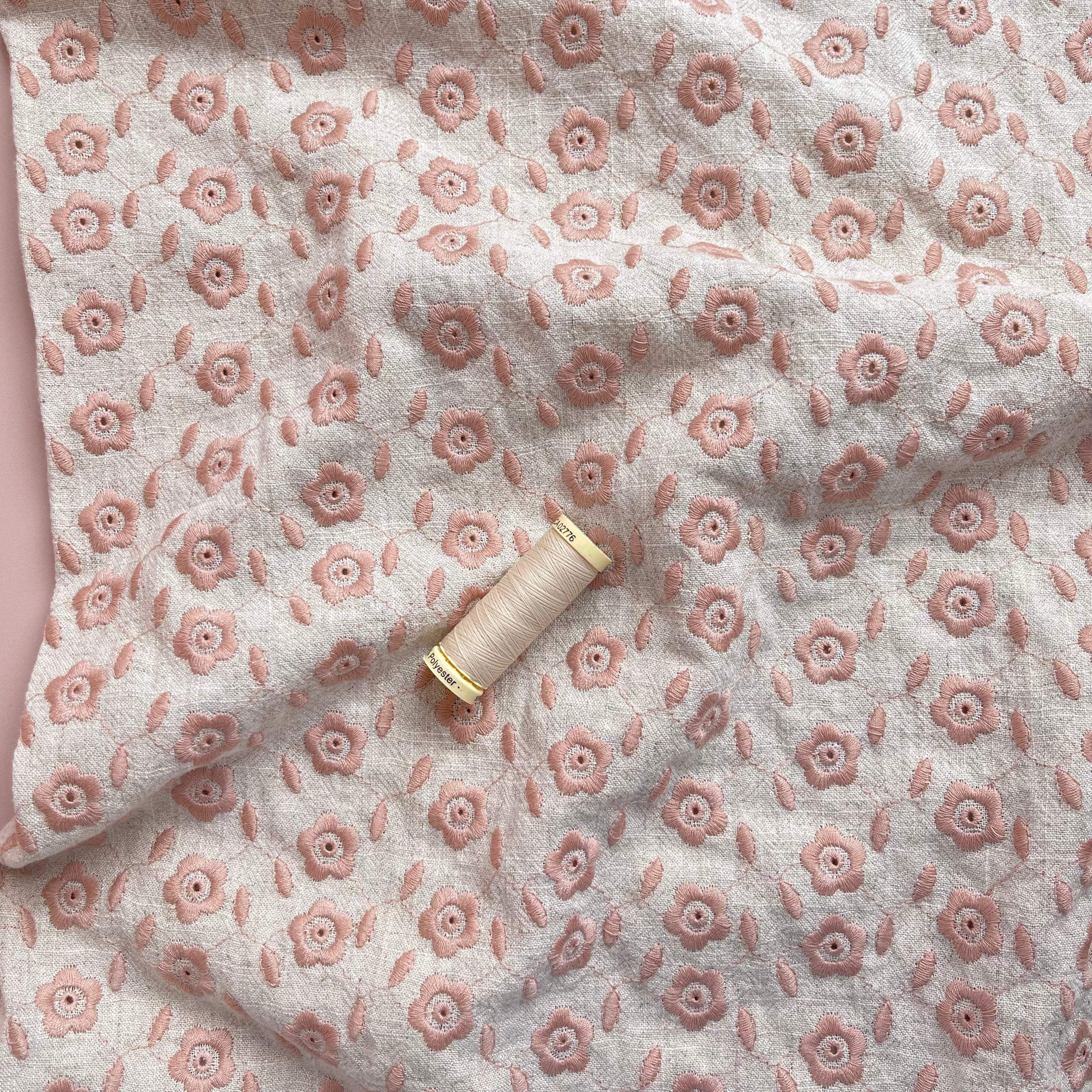 Daisy Chain Embroidered Linen Viscose Blend Fabric Pale Pink
