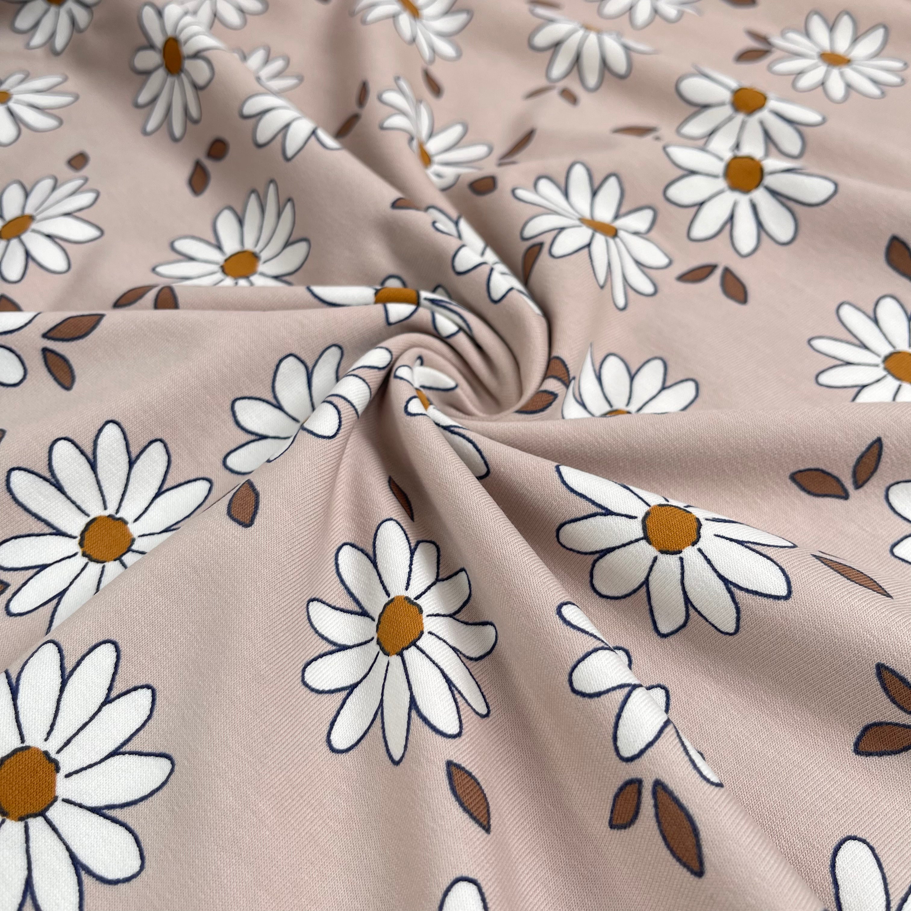 Daisies on Sandy Blush Cotton French Terry Fabric