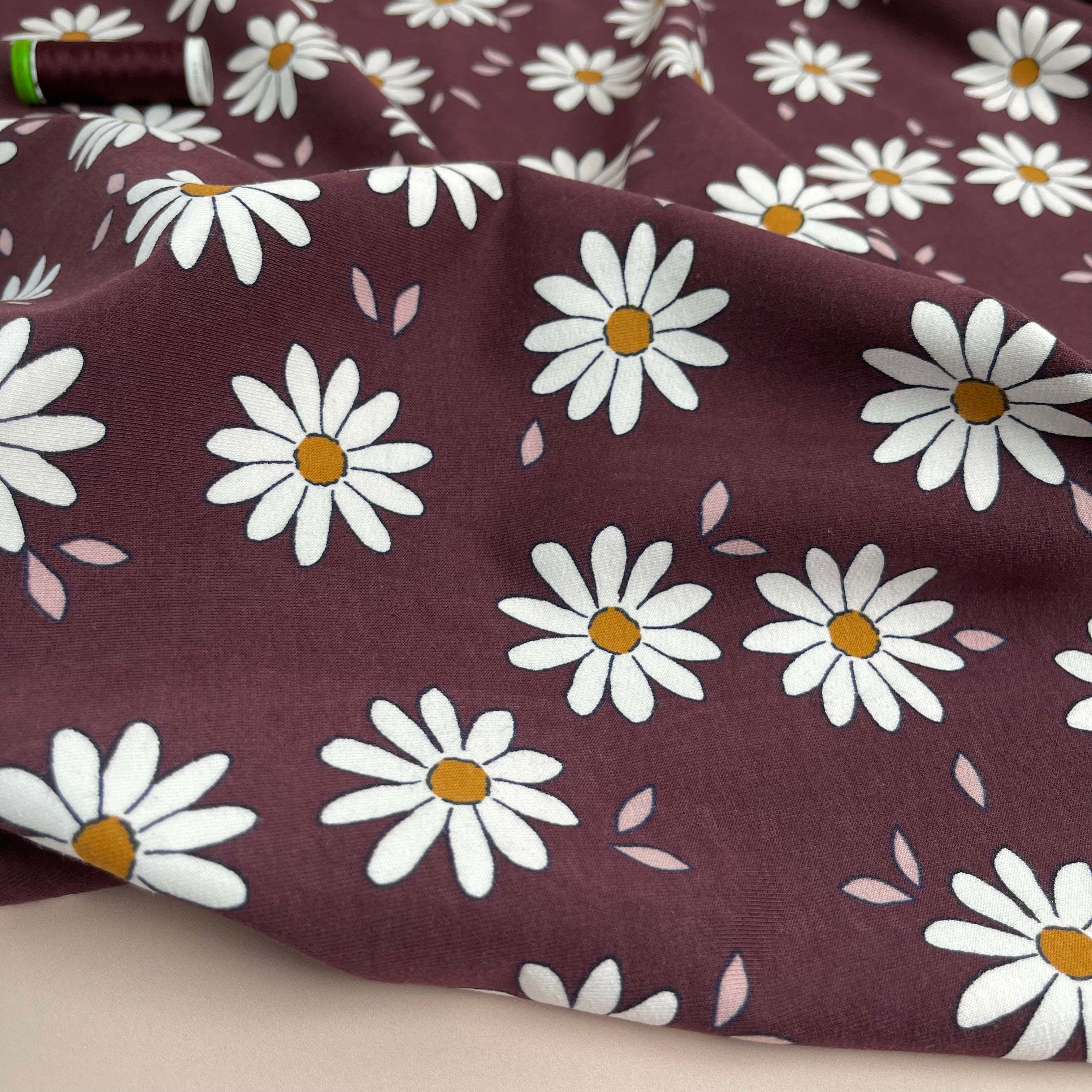 Daisies on Plum Cotton French Terry Fabric