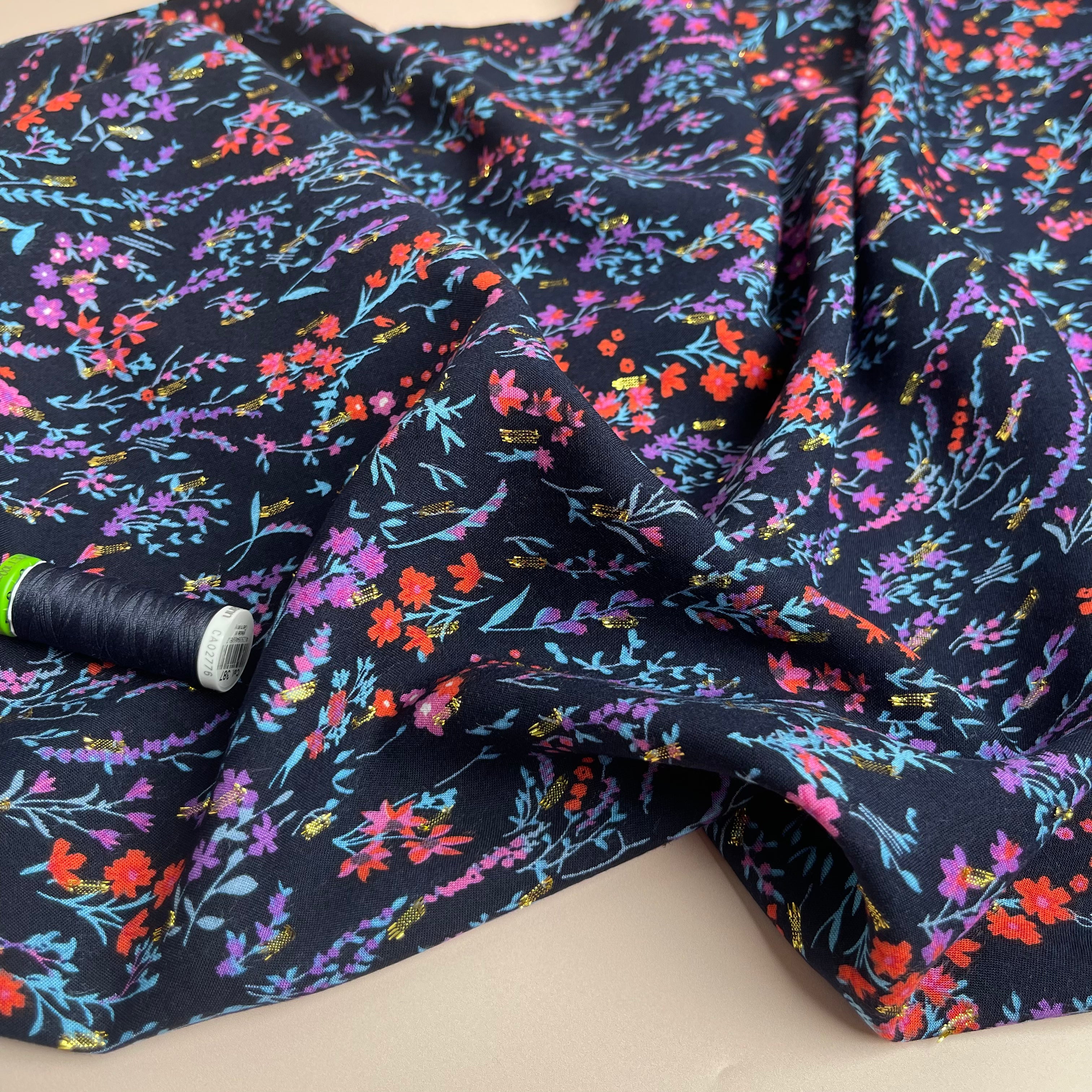 REMNANT 0.53 Metre - Meadow Dark Navy with Lurex Viscose Fabric