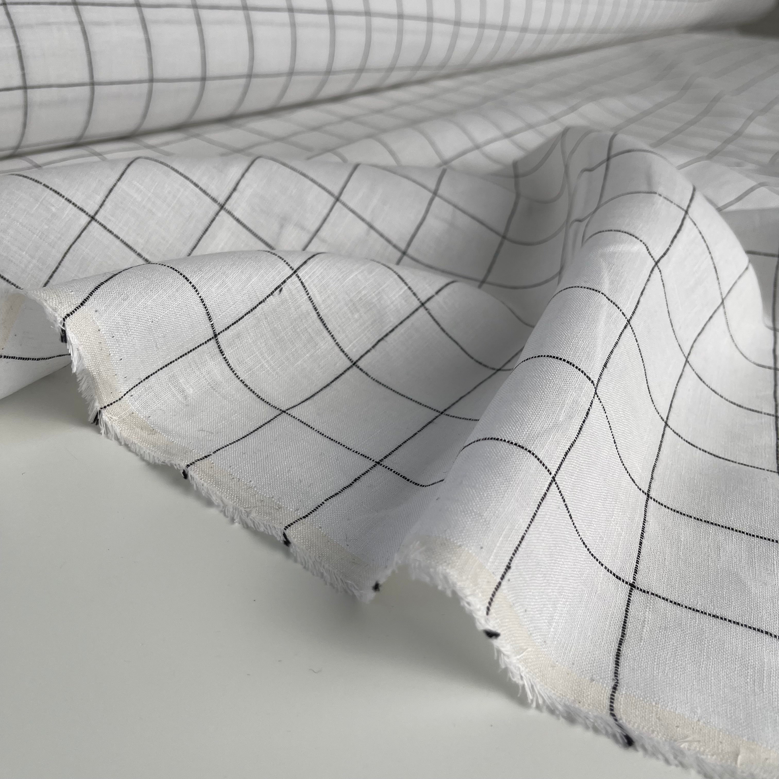 Monochrome Checks White Linen Fabric