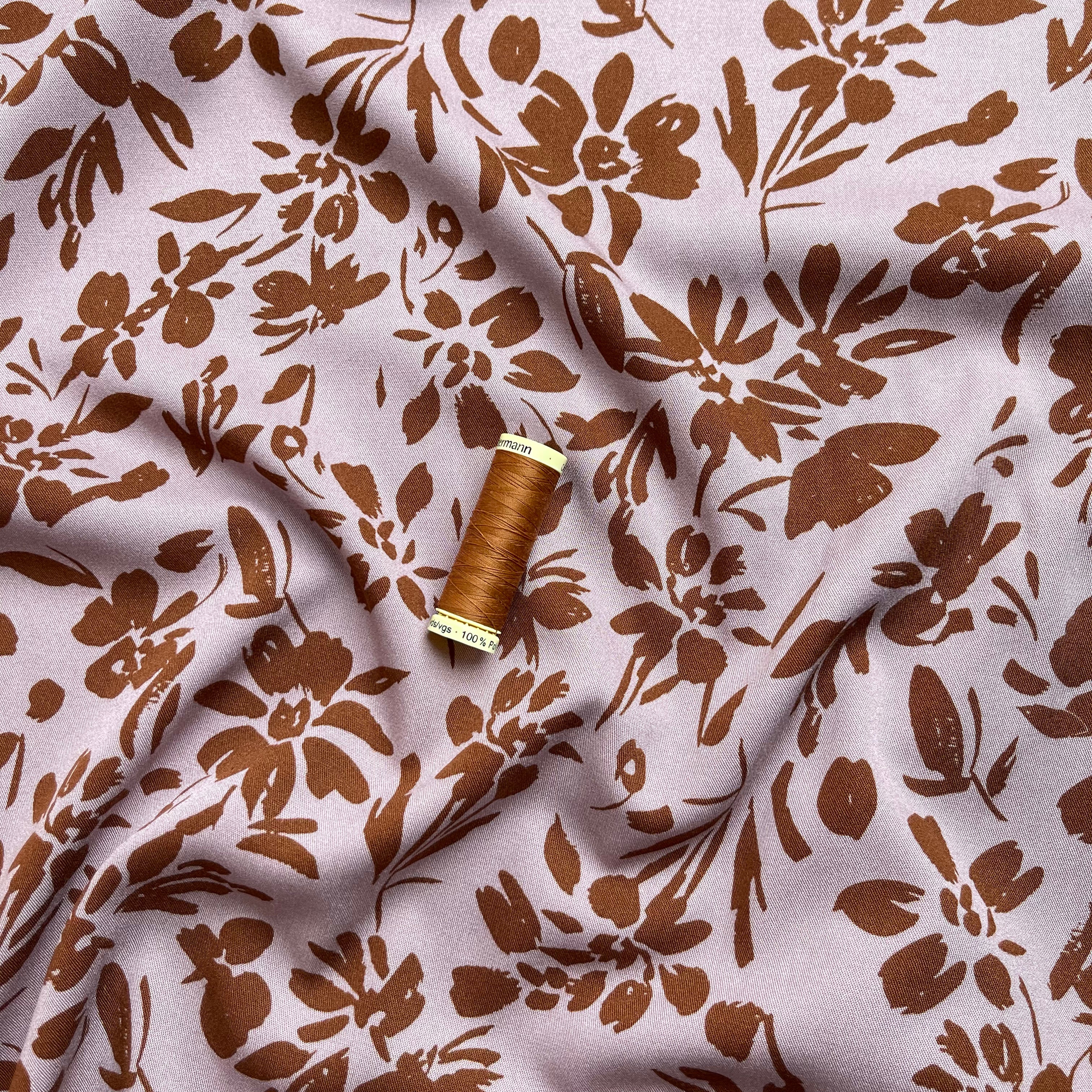 REMNANT 0.4 Metre - Rosella Brown Flowers on Lilac Stretch Viscose Twill Fabric