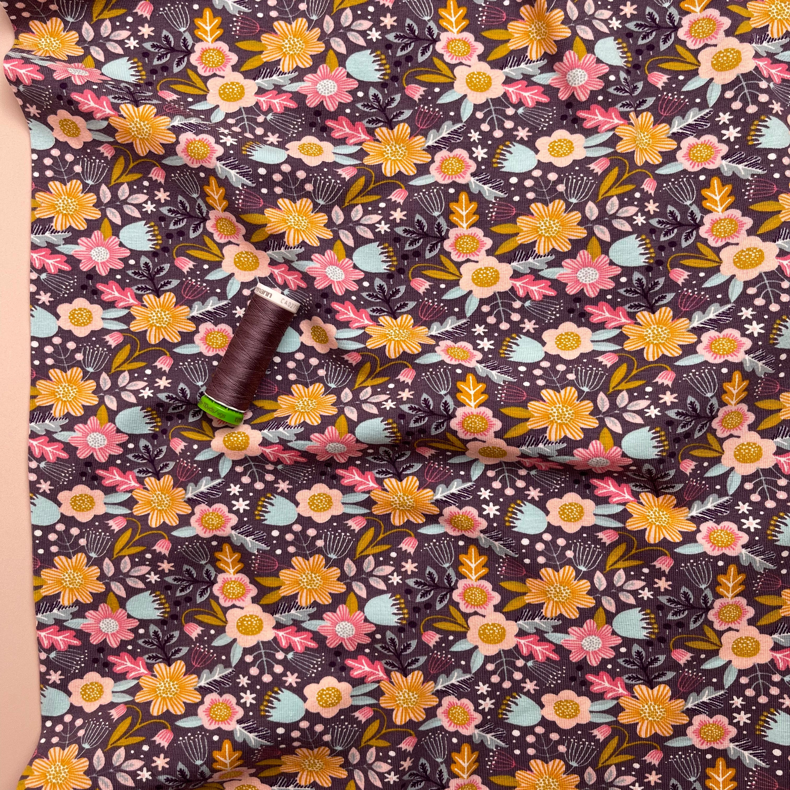 REMNANT 0.84 Metre - Flowers on Violet GOTS Organic Cotton Jersey Fabric