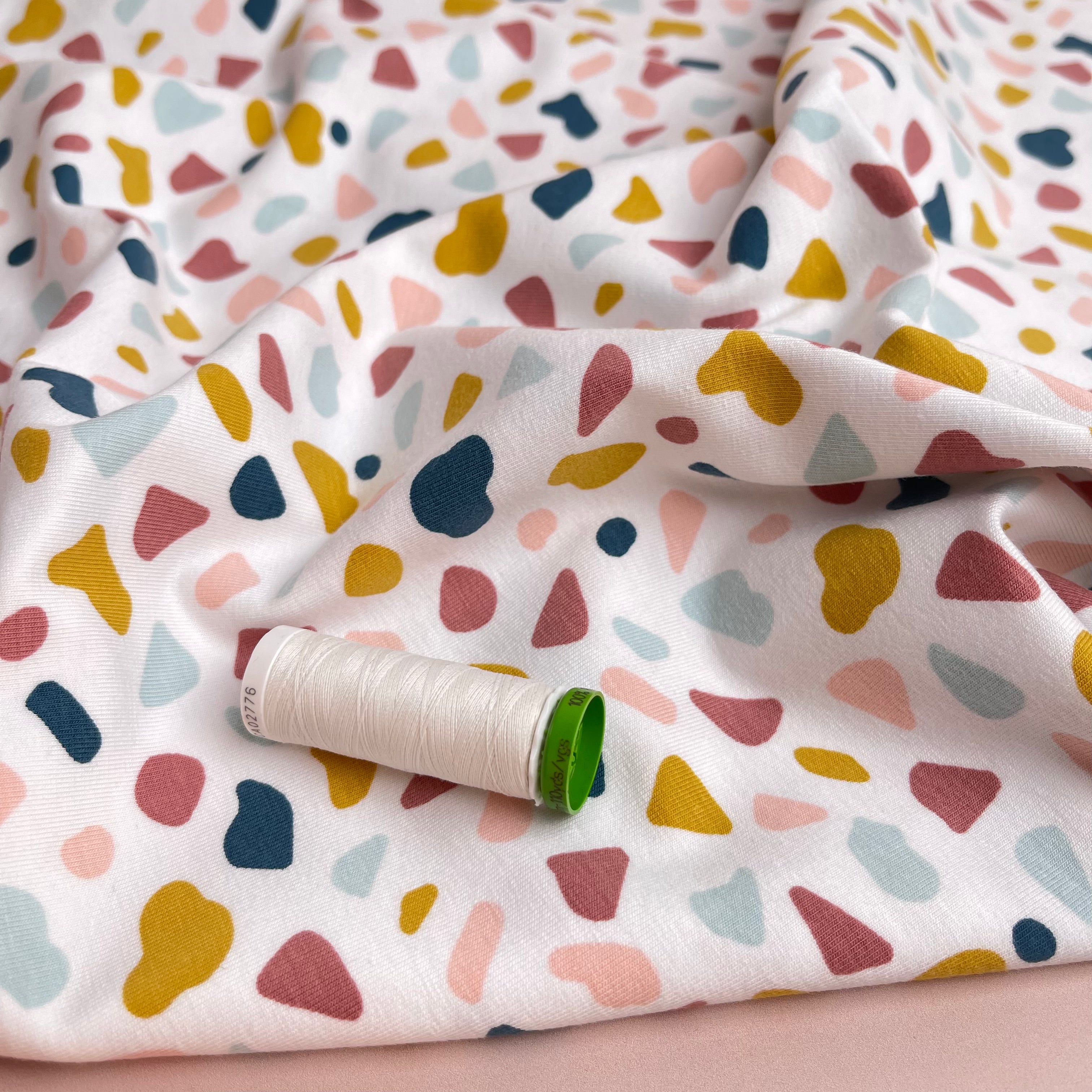 REMNANT 1.84 Metres - Joyful Terrazzo White GOTS Organic Cotton Jersey Fabric