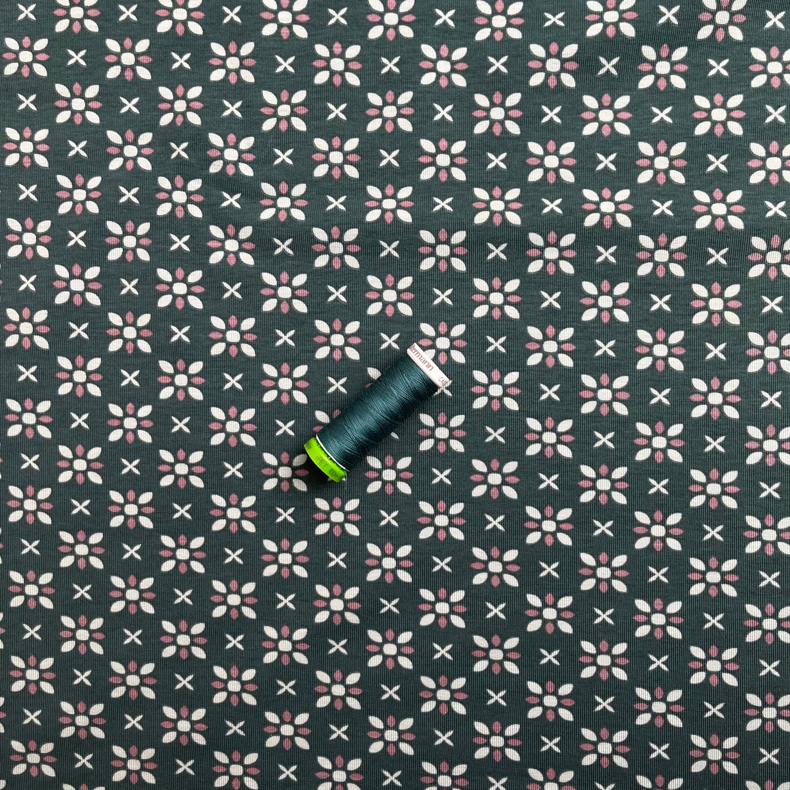 REMNANT 0.50 metre - Graphic Flowers Teal Cotton Jersey